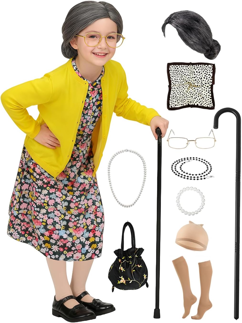 Kids Old Lady Costume for Girls 100 Days of School Costume Grandma Costumes Dress Up for Halloween 3-10 Years