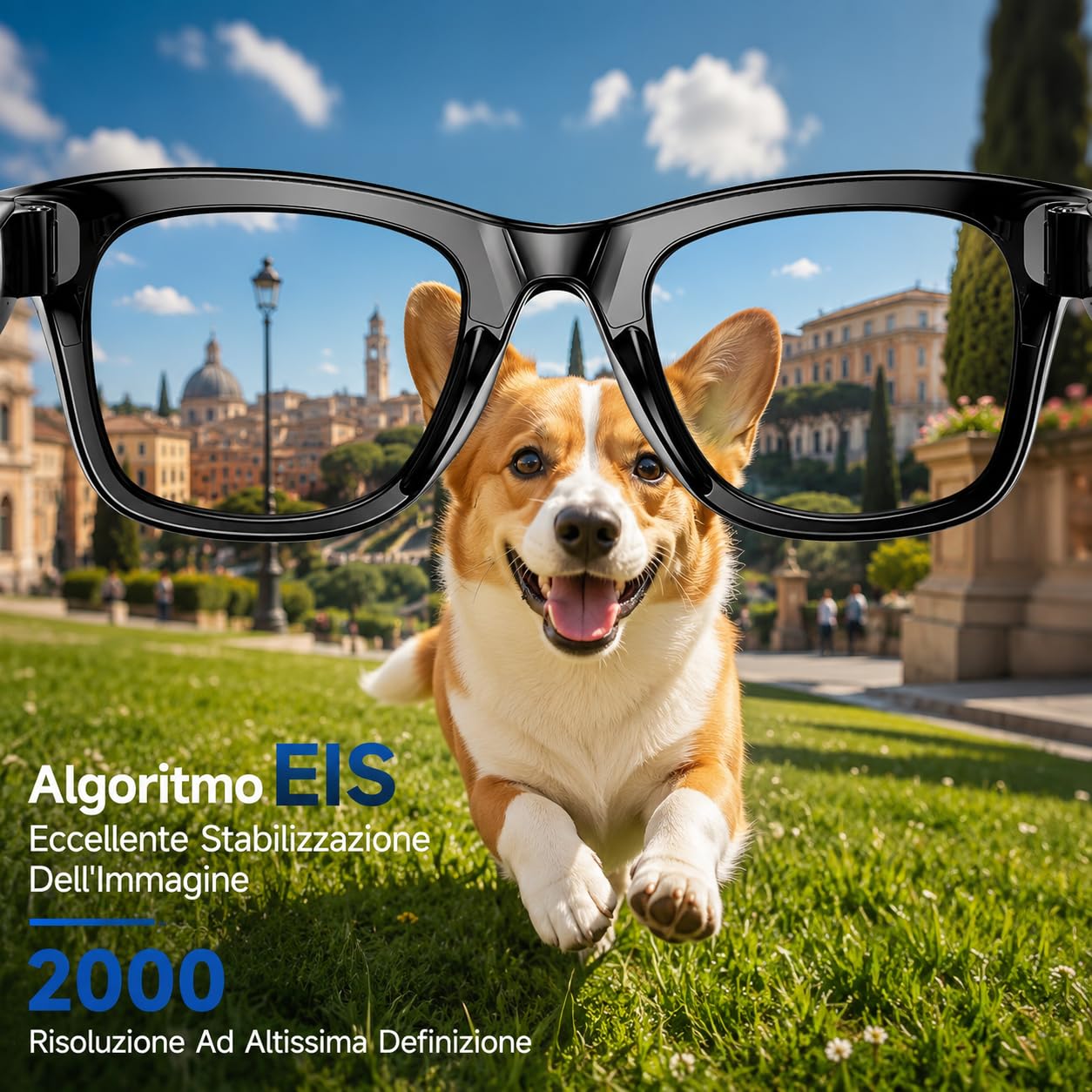 Korons Occhiali Smart con Fotocamera HD da 8 MP, Registrazione Video, Traduzione AI e WiFi, Design Leggero con Montatura Sottile per Ufficio, Turismo, Comunicazione e Vita Quotidiana (Filtro Luce Blu)