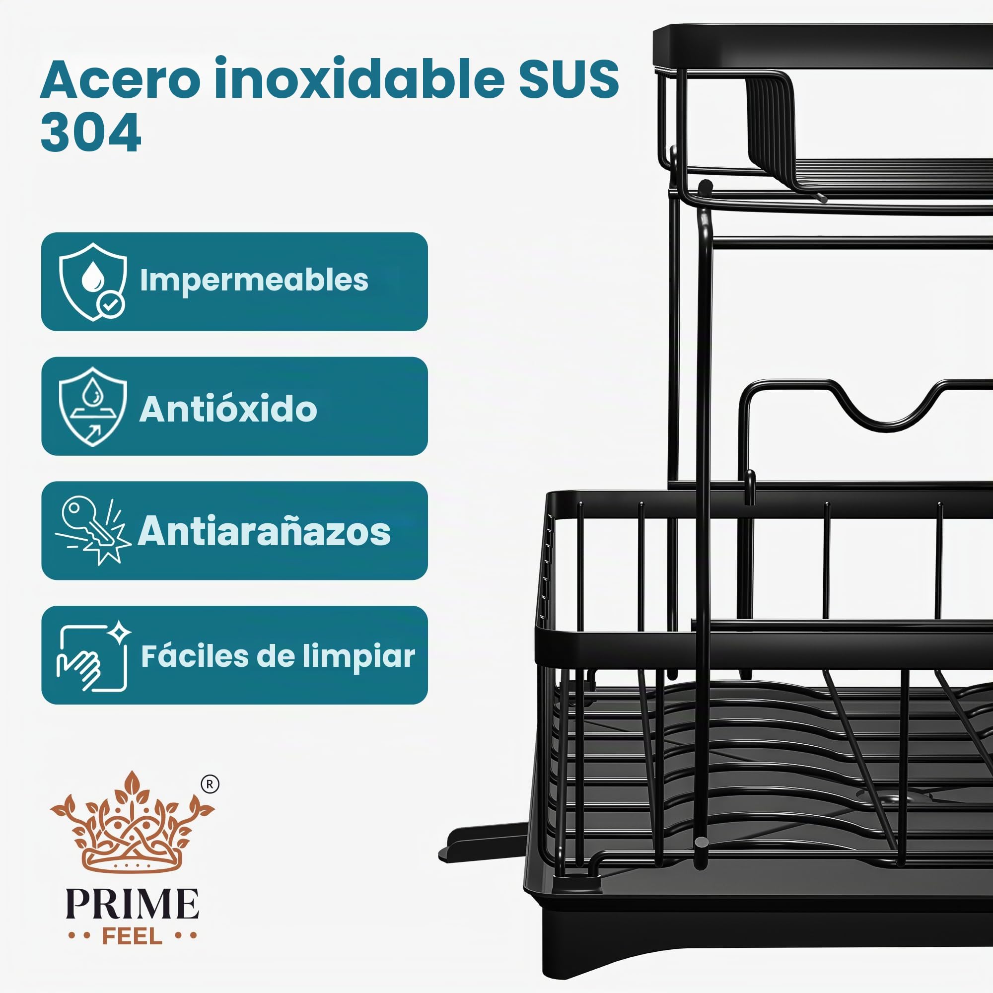 PRIME FEEL Escurreplatos de 2 niveles, escurridor de platos inoxidable para encimera de cocina, estante para tabla de drenaje con bandeja de goteo, escurridor de cubiertos, soporte de vidrio y estante