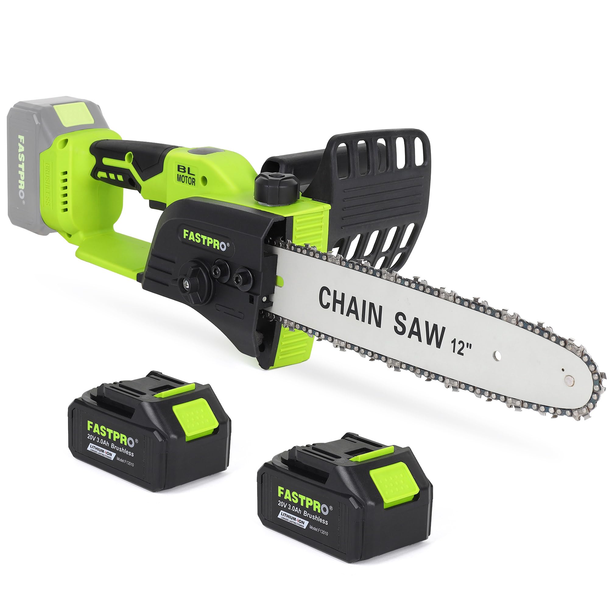 FASTPRO12-Inch Cordless Chainsaw, 20V Brushless Chain Saw kit, 2 Batteries (3.0Ah) and Charger Included, Green