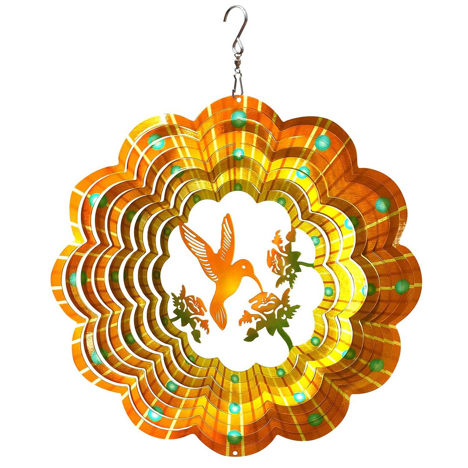 Éolienne en forme de colibri 30,5 cm en acier inoxydable 3D - Décoration mandala - Découpe au laser - Motif géométrique - Décoration d'intérieur et d'extérieur