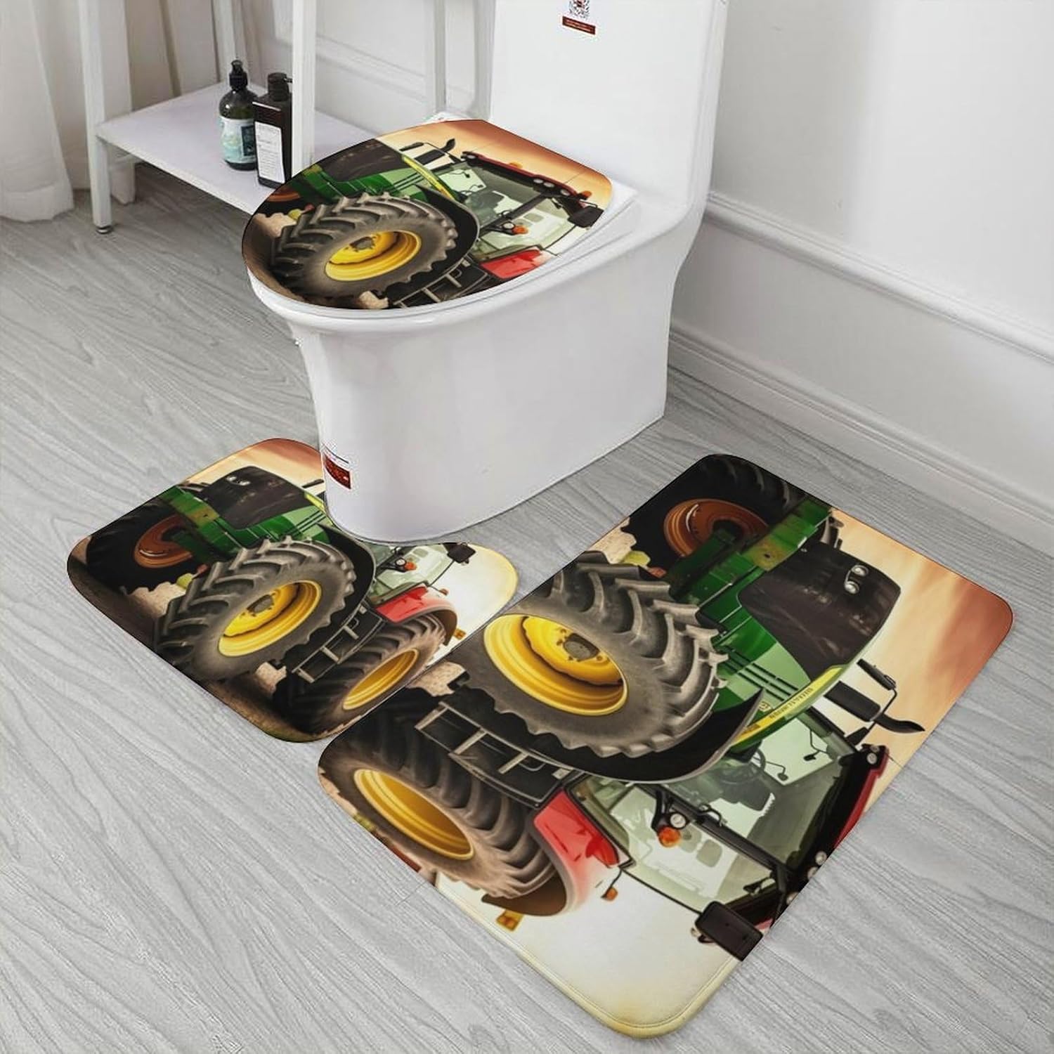 Anti-Skid Floor Mats 3 Piece Set,Tractor Theme Printed Coral Fleece Bathroom Mats U-Shaped Contour Mat Toilet Seat Cover for Bathroom, Tub, Shower, Kitchen 19.7"x31.5"
