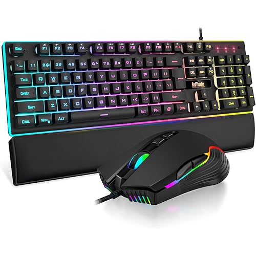 RedThunder K10 Wired Gaming Keyboard and Mouse and Wrist Rest Combo, RGB Backlit, Mechanical Feel Anti-ghosting Keyboard + 7D 7200 DPI Mice+Soft Leather Wrist Rest 3 in 1 PC Gamer Accessories(Black)