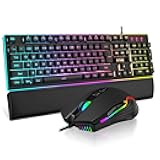 RedThunder K10 Wired Gaming Keyboard and Mouse and Wrist Rest Combo, RGB Backlit, Mechanical Feel Anti-ghosting Keyboard + 7D 7200 DPI Mice+Soft Leather Wrist Rest 3 in 1 PC Gamer Accessories(Black)