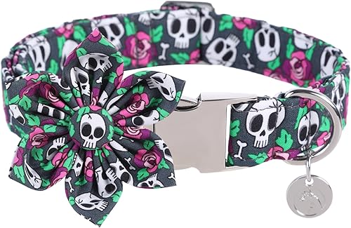 DOGWONG Collar de perro fantasma de Halloween con corbatín, collar de perro de calavera rosa para Halloween, duradero y suave, collar de perro para