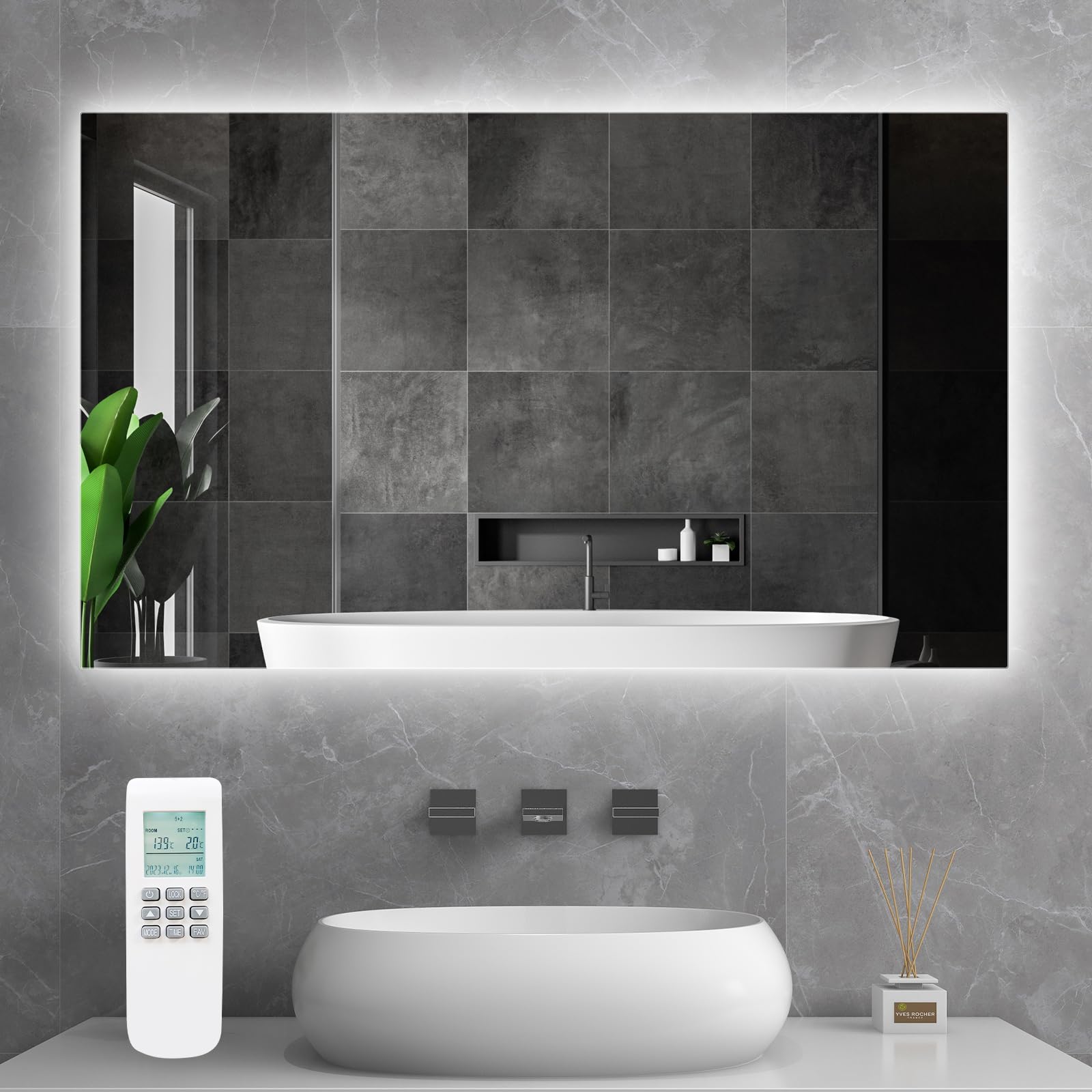 byecold Riscaldatore a infrarossi per specchio con termostato, 580 watt - Riscaldatore a infrarossi per specchio con illuminazione a LED - Specchio da bagno, 100x60 cm