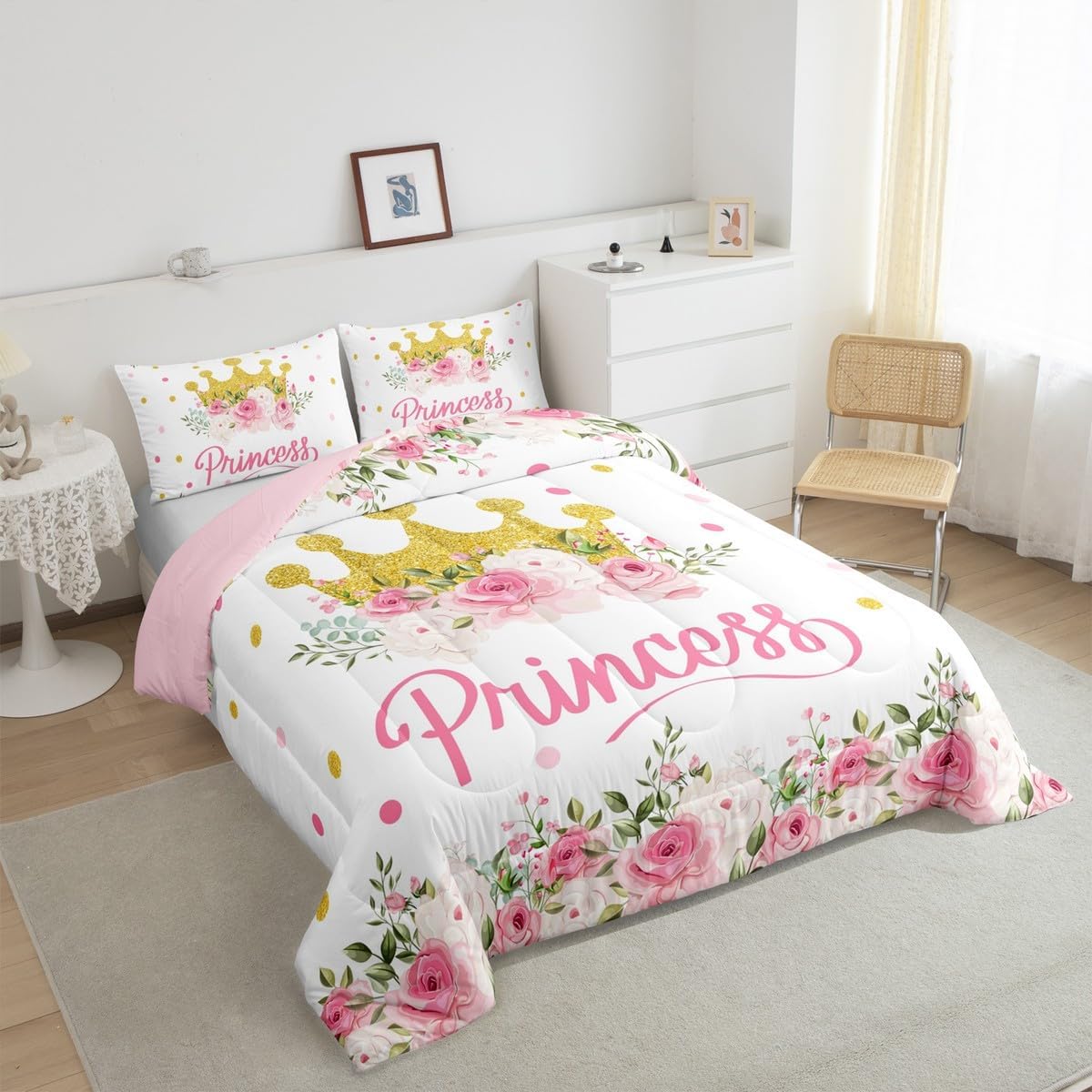 Golden Crown Kids Comforter Set Queen Size,Geometric Dots Princess Cartoon Bedding Set,Girls Boys Room Decor,Rose Flowers Leaves Down Comforter,Pink White Romantic Duvet Insert,2 Pillowcases