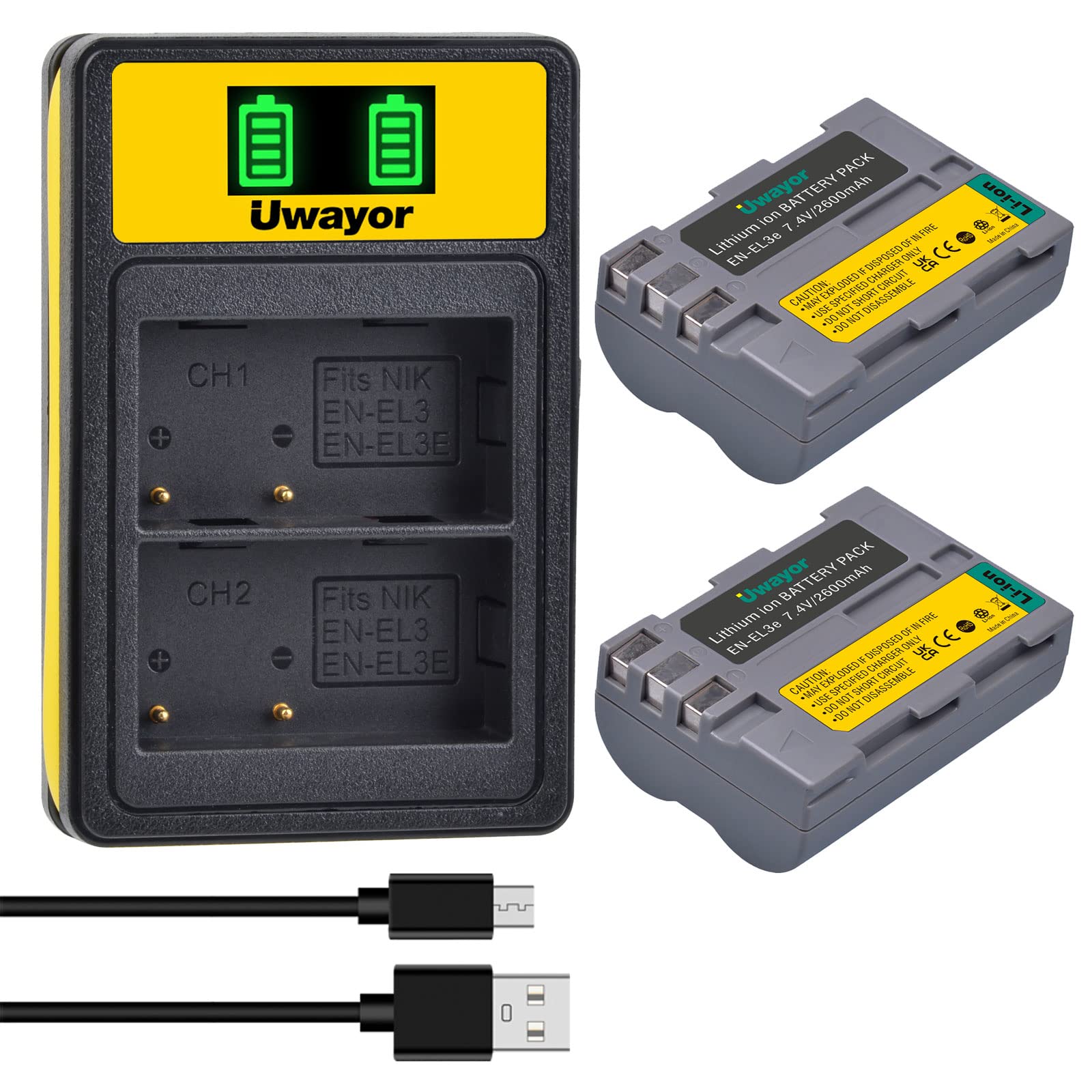 Uwayor EN-EL3e Camera Battery Charger Set Replacement Battery Kit USB Dual Slot for Nikon EN EL3e EL3 EL3a D700 D300 D200 D80 D70s D70 D50 MH-18 MH-19 MB-D200 MB-D10