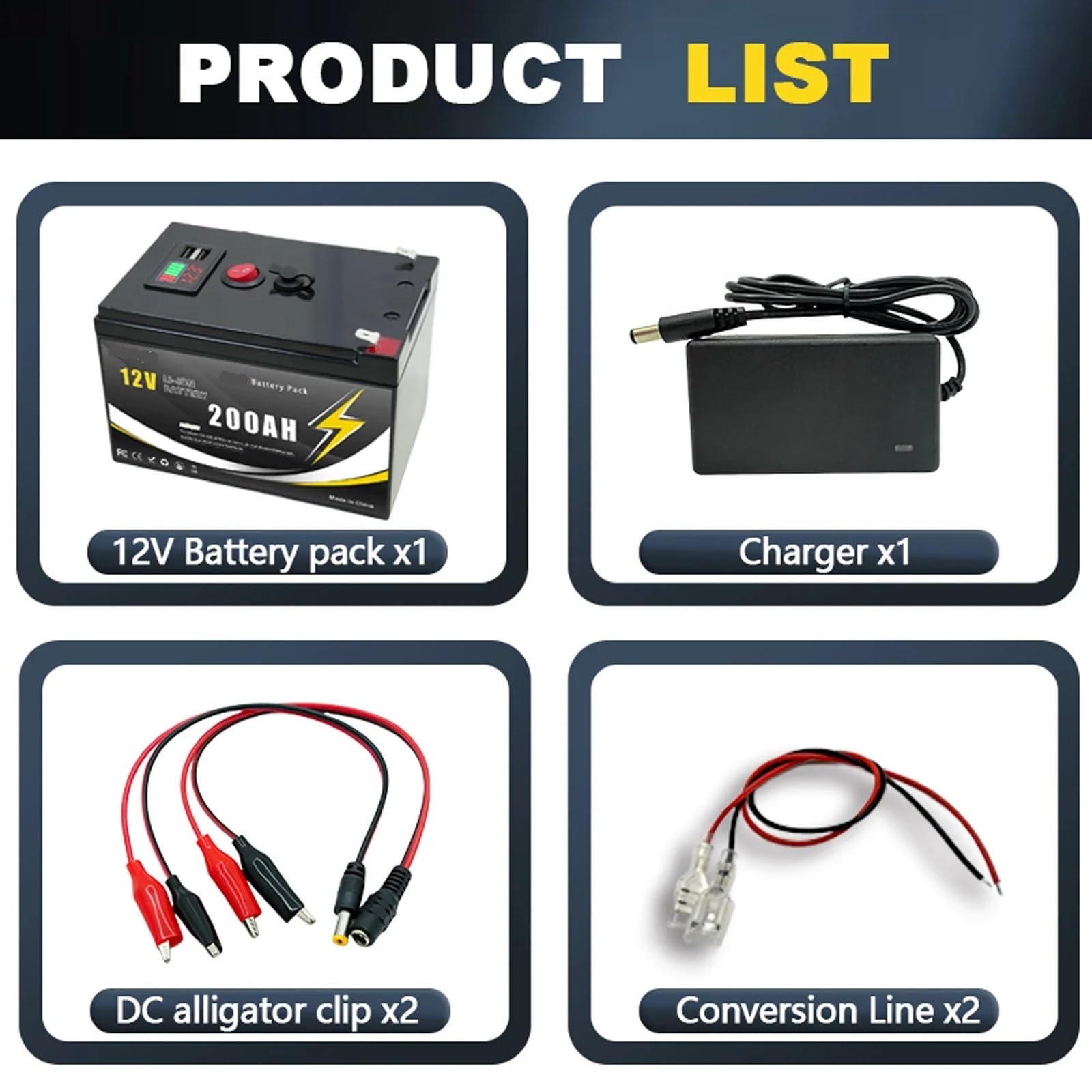 Batteria al litio ricaricabile LiFeP04 da 12 V 200 Ah, ciclo profondo(12v 200Ah-charger)