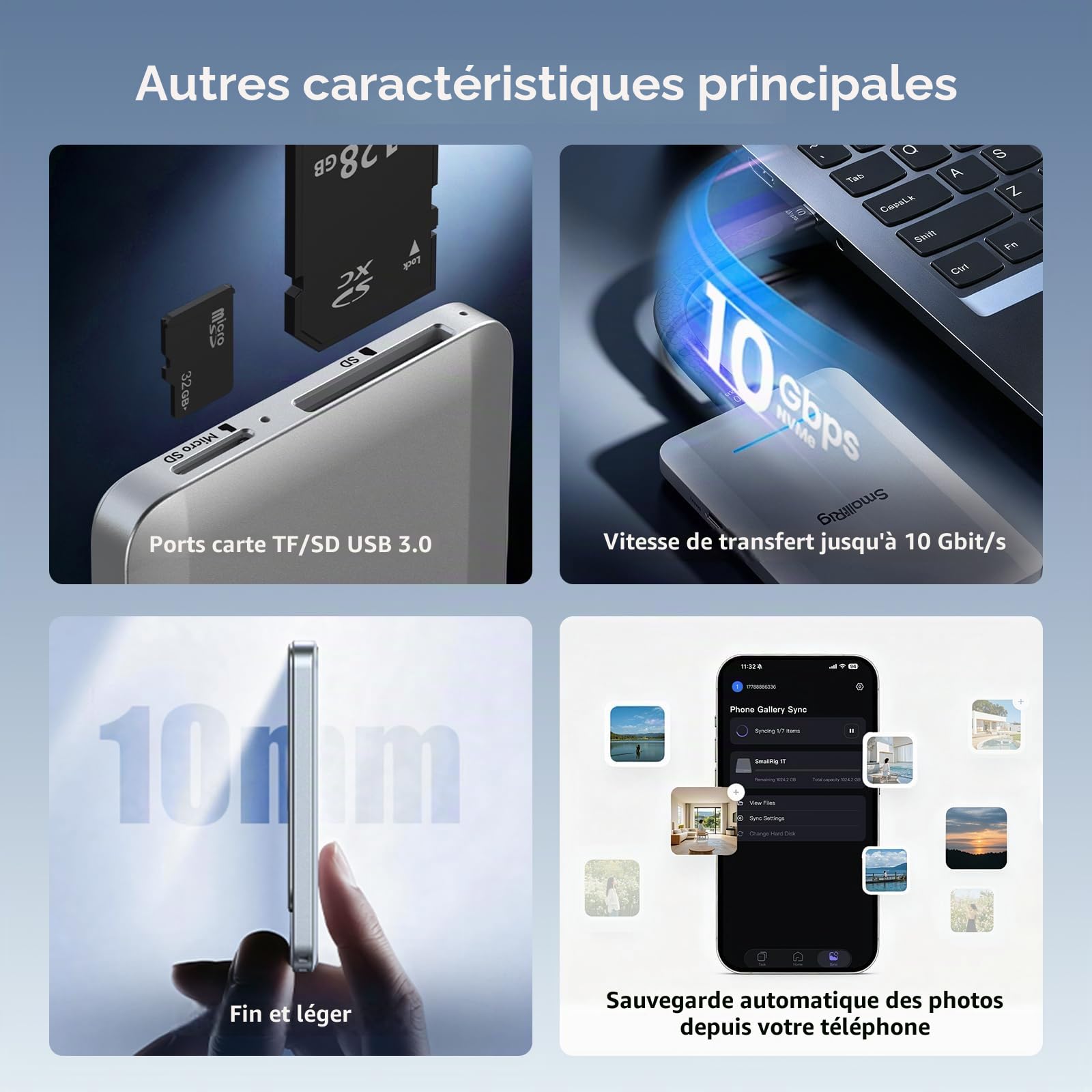 SMALLRIG SSD Portable 1 to, Jusqu'à 1000 Mo/s, USB-C, USB 3.2 Gen 2, Alu