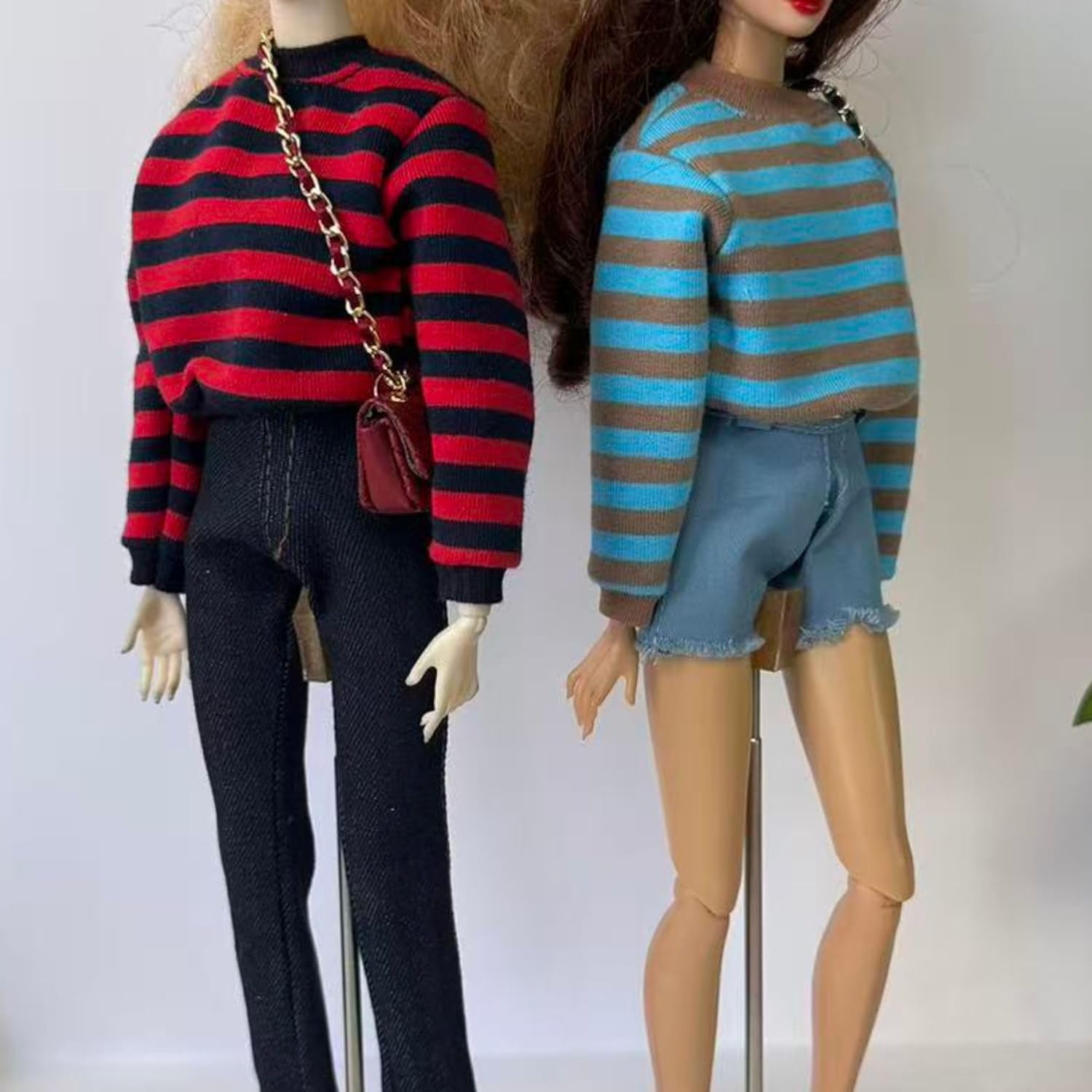 3-Piece Fashion Doll Outfit Set, Sweater with Denim Shorts and Shoes, 11.5 inch Doll or BJD (red Striped)