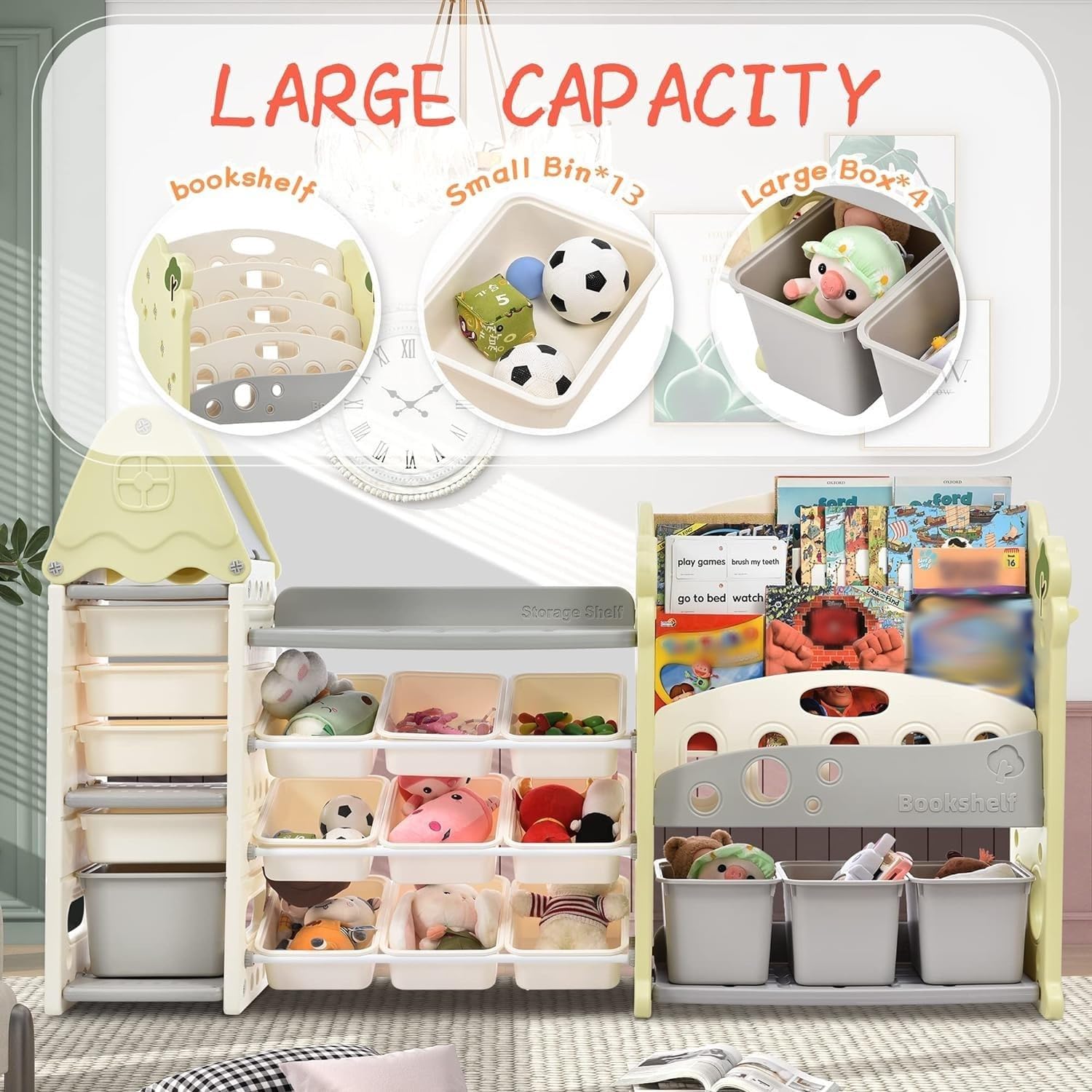 Metreno 3in 1 Kids Toy Organizer and Storage Racks Kids Book Shelf for Home Baby Book Shelf and Toys Organizer and Storage Bins Children Toys Rack Montessori Shelf Storage Racks Plastic(6SQFT, Green) - Image 3 thumbnail