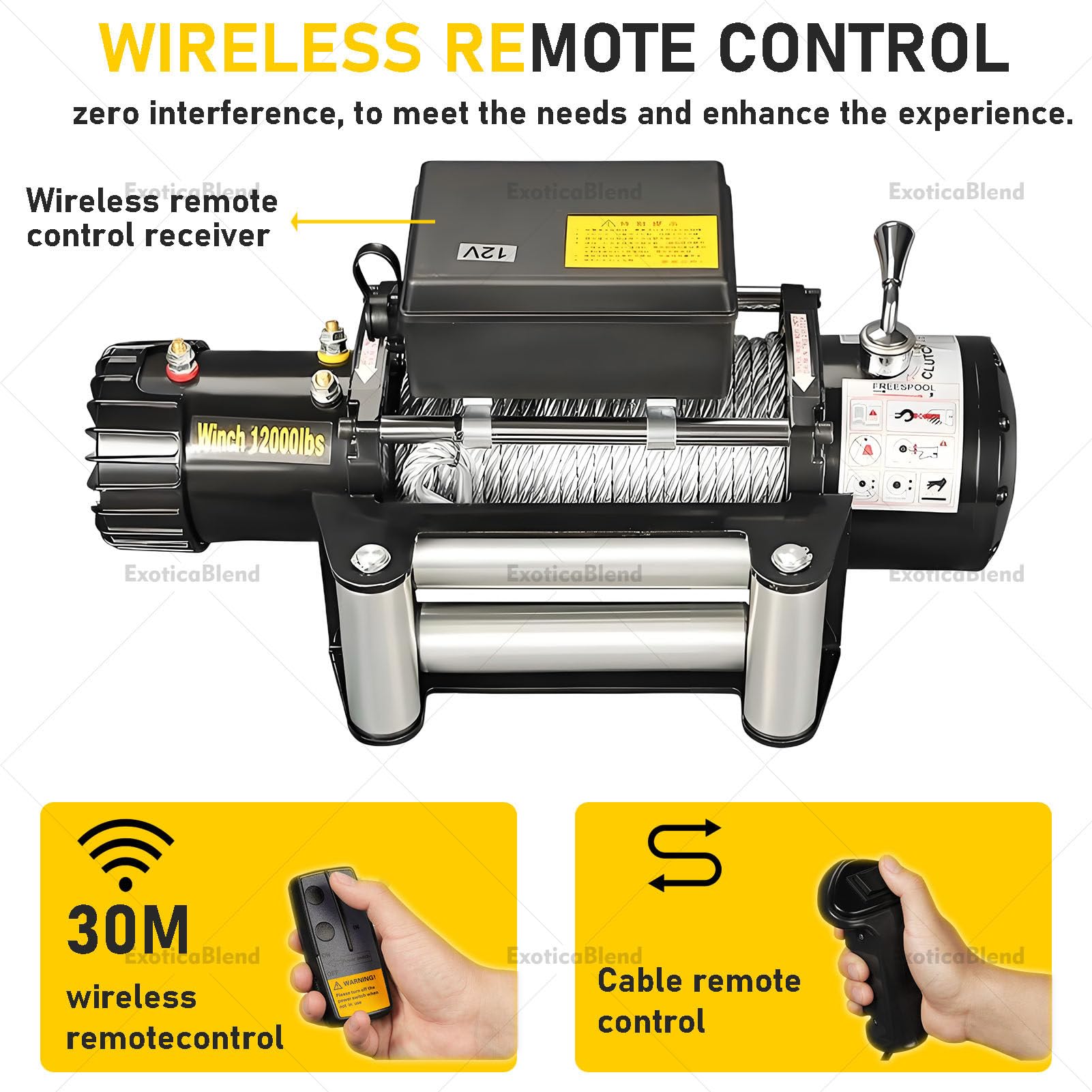 Wciągarka elektryczna 3000–6000 lbs (12 V / 24 V) do ATV, UTV i pojazdów ciężarowych – model z liną stalową, pilotem bezprzewodowym/przewodowym 12V-3500LBS