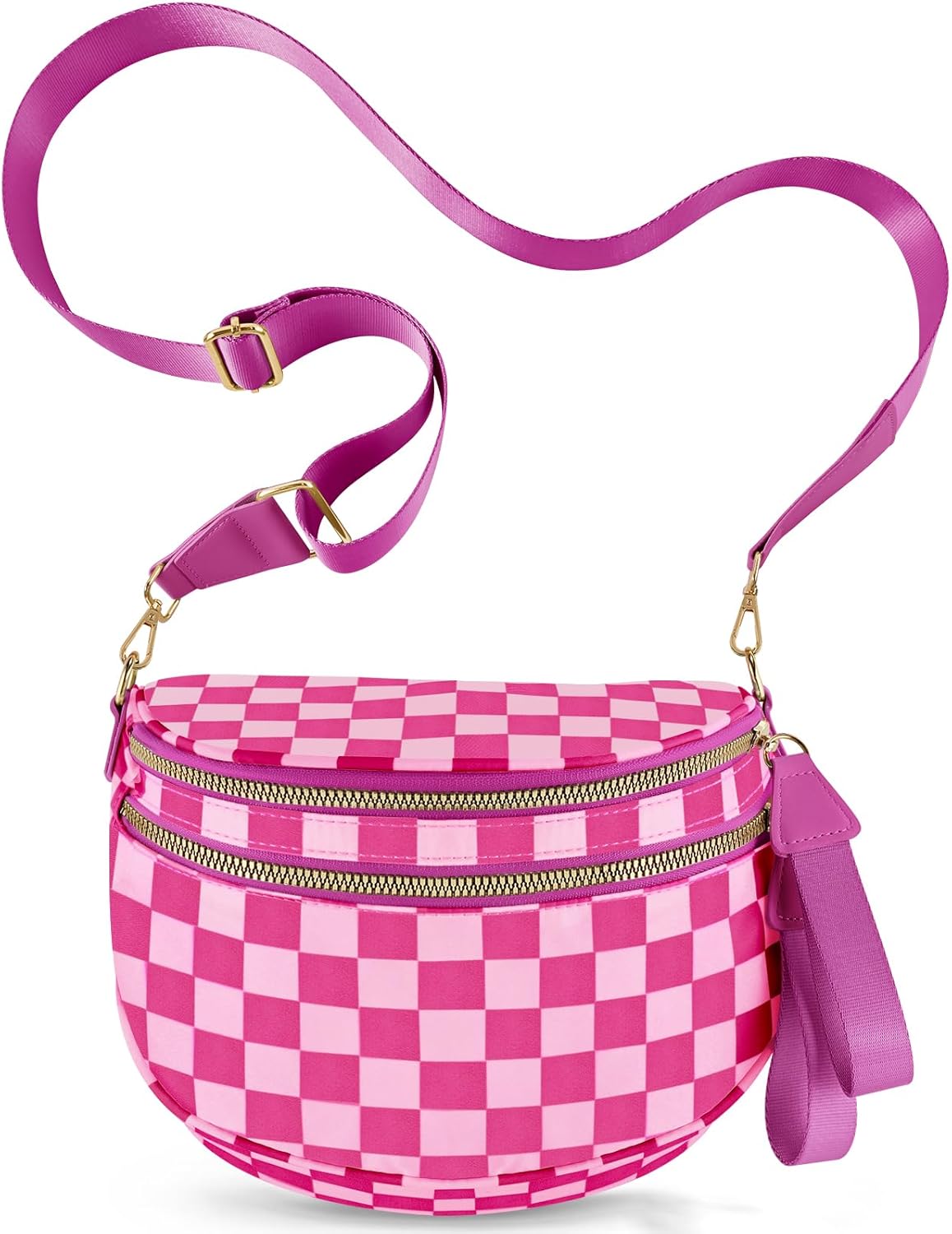 Checkered Crossbody Bags for Women, Large Nylon Bum Bags Plus Size Fanny Pack Sling Bag Belt Bag for Women Travel, Rose Checkered