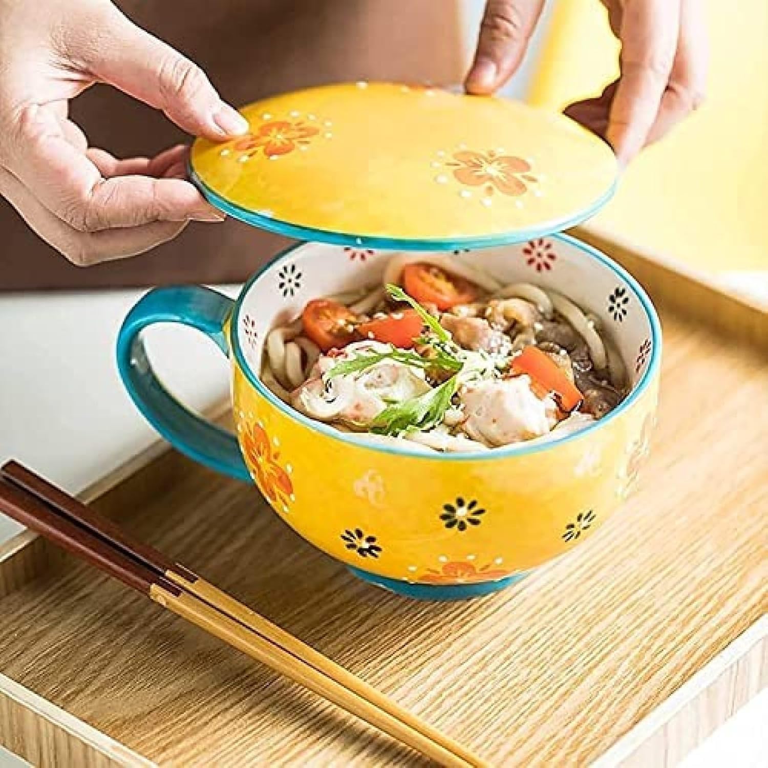Miska Na Zupę Ramen, Ryż, Makaron Instant, Duża Ceramiczna Miska Na Zupę, Miska Na Makaron Z Pokrywką, Miska Na Makaron Instant Do Mikrofalówki, Duży Kubek Do Kawy Z Uchwytem, Blue, 730ML/25 OZ