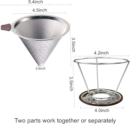 Miniatura 3 de Vierta sobre el gotero de café, filtro de café de acero inoxidable, reutilizable, para verter sobre el café, cono de filtro de doble capa, embudo
