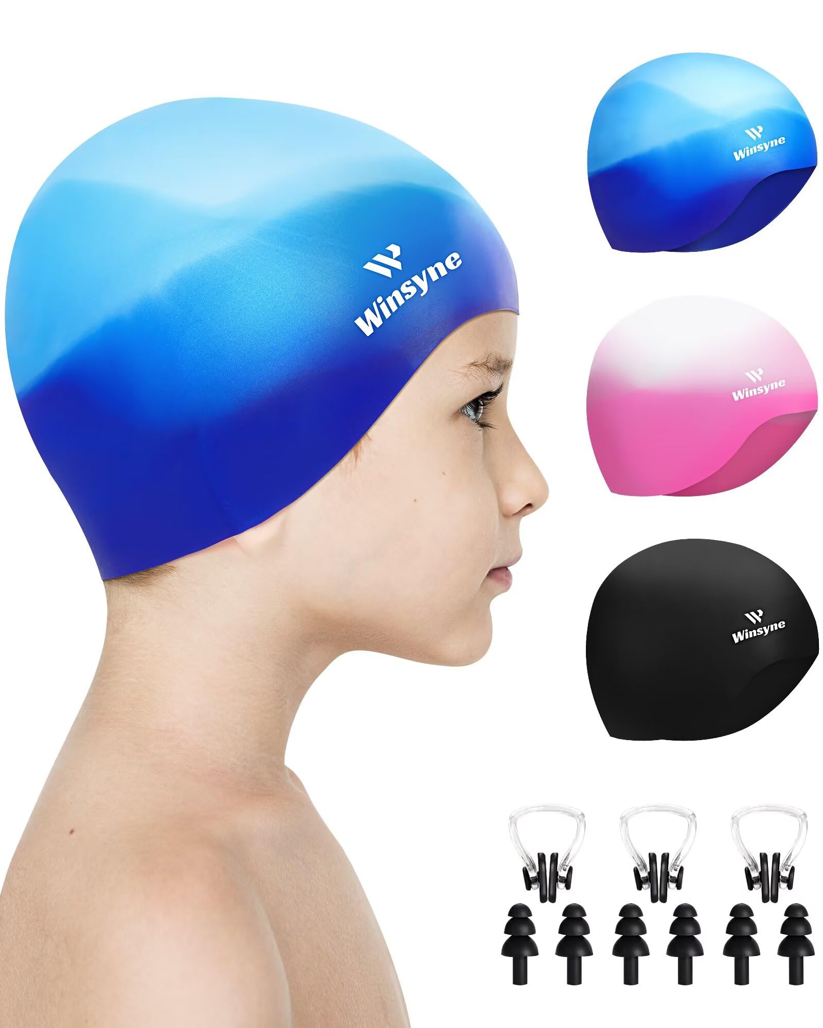 3 Pack Kids Swim Cap for Boys Girls, Unisex Silicone Swimming Caps for 3-15 Toddler Children Teen, Waterproof Bathing Caps for Short/Long Hair to Keep