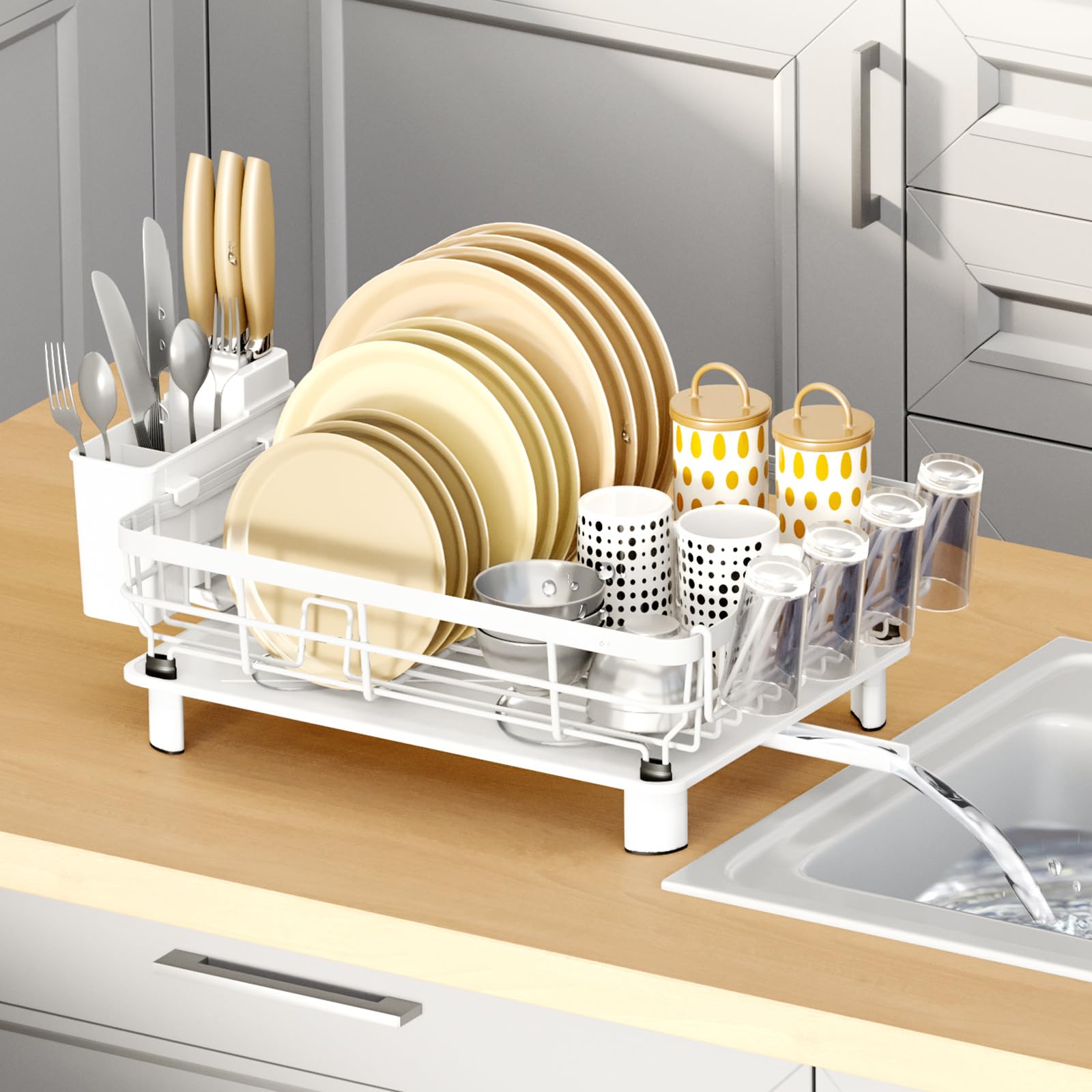 Escurridor de Vajilla de Un Solo Nivel para Encimera con Caja de Almacenamiento Lateral para Cuchillos y Cubiertos, para Platos Cuencos Tazas Vasos y Utensilios de Cocina,Gris