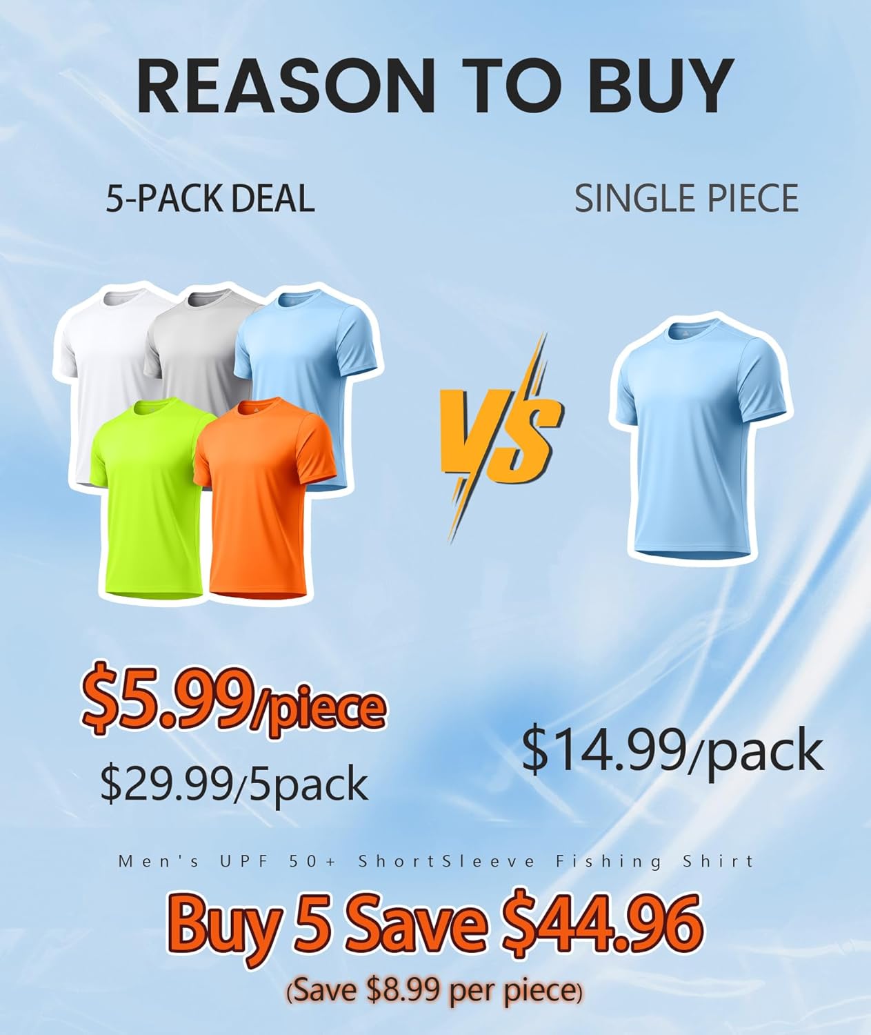 ZITY 5 Packs Men's UPF 50+ Sun Protection T-Shirts Workout Fishing Swimming Rash Guard Fast Dry Breathable Shirt