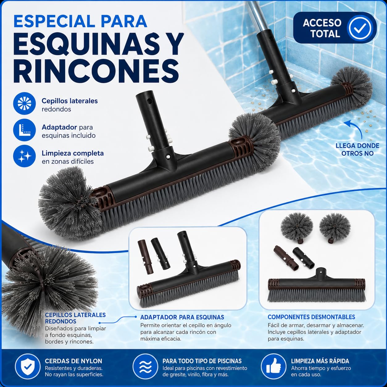 Cepillo para Piscina AQUAPOOL Pro Multiusos, Cerdas de Nylon, Limpieza de Fondo, Paredes y Esquinas