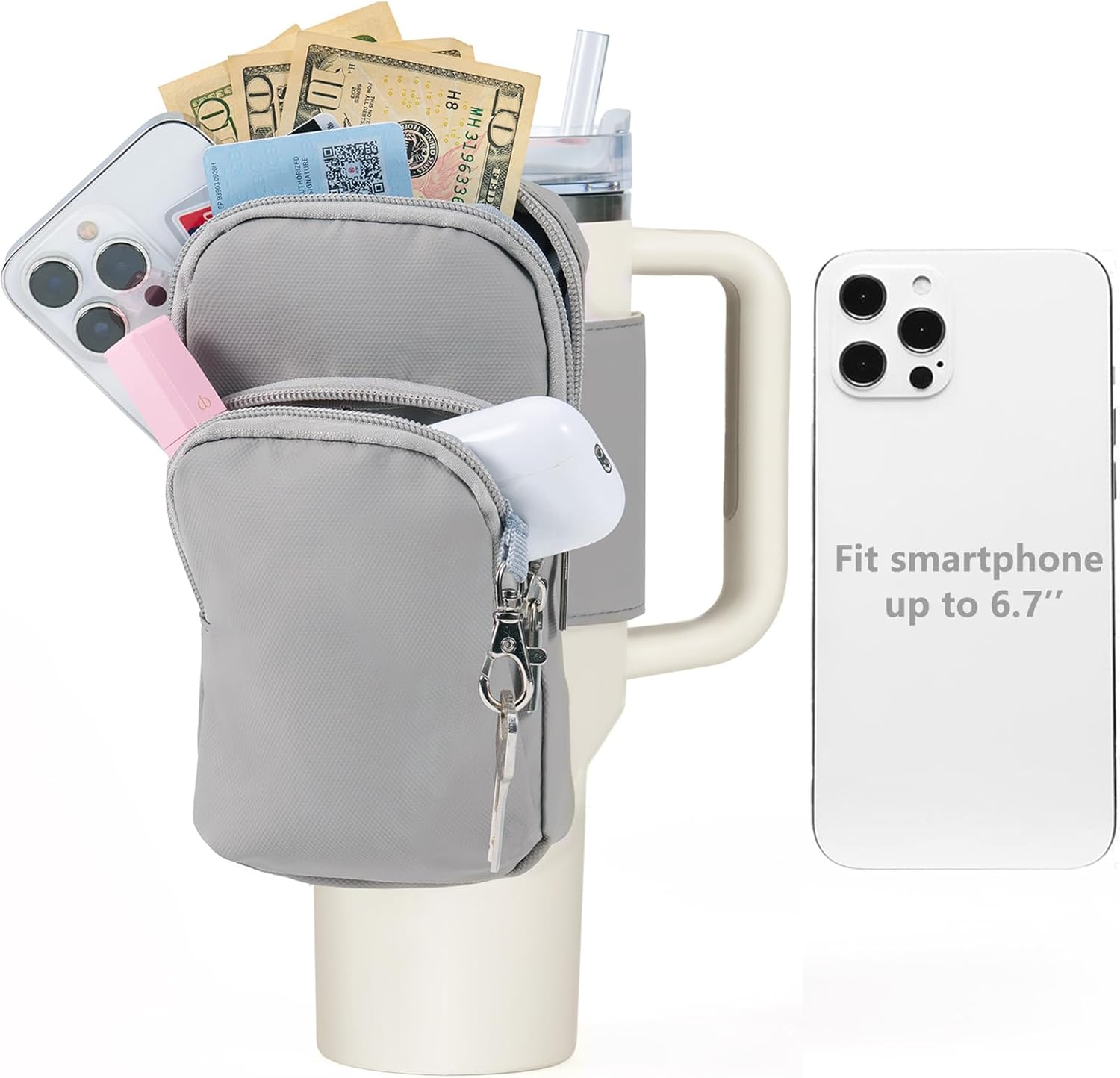 SUITMAT Water Bottle Pouch for Stanley Quencher Series Tumbler, Large Pouch Bag for Stanley Cup Accessories, Cup Backpack with Multiple Pockets for Phone, Cards, Keys (Bag Only)