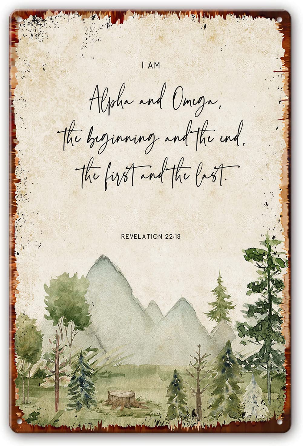 Preeklen Tin Sign 048 Revelation 22 13 Metal Signs Alpha And Omega Christian Wall Art Watercolor Forest Scripture Poster Kjv Bible Verse Print Christian Home Metal Paintings For Living Room 12X16 Inch