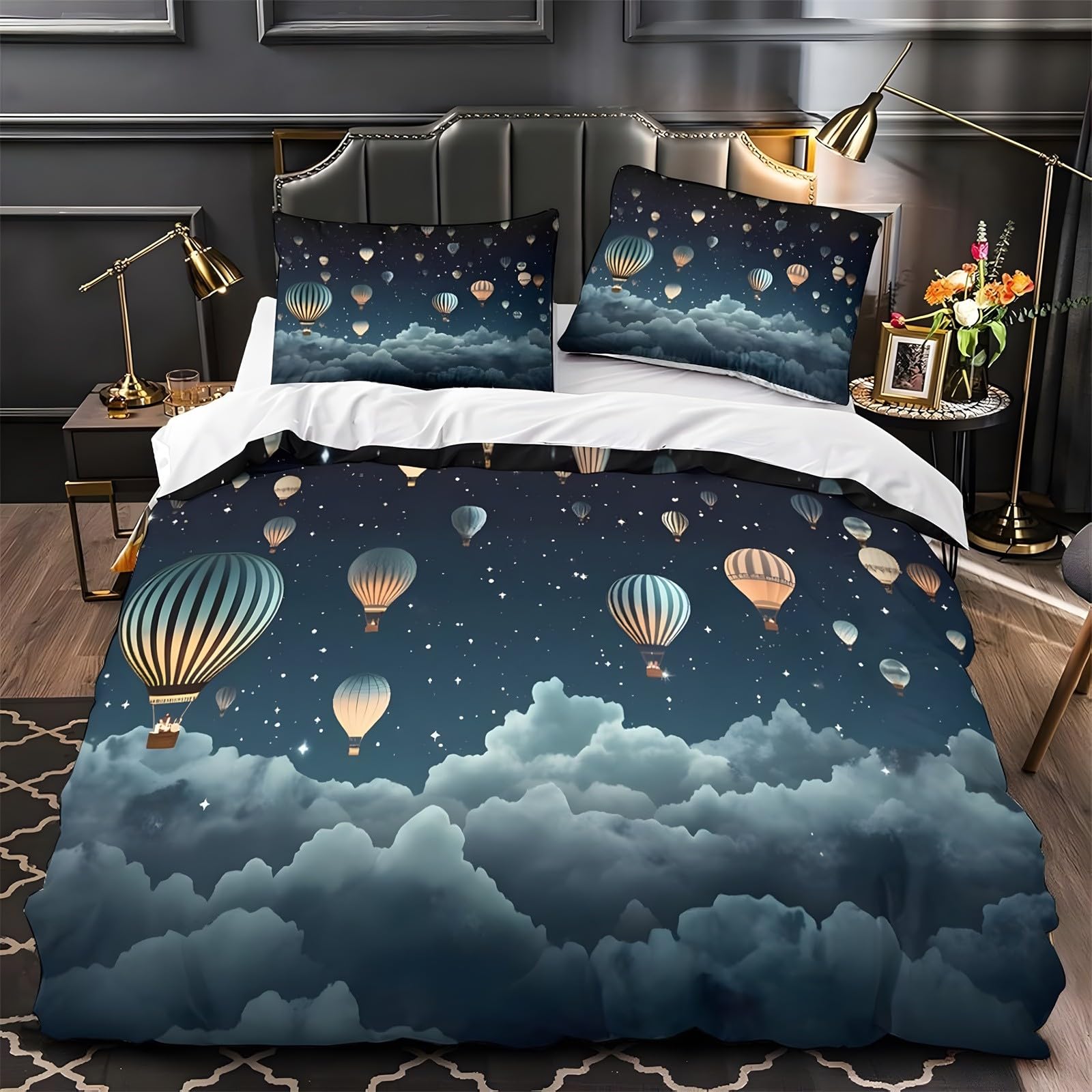 Ypthriline Double Bedding Set Hot Air Balloon Bedding Set Microfiber Starry Sky Duvet Covers with Pillowcases Reversible Bedding With Zipper Closure 200x200CM