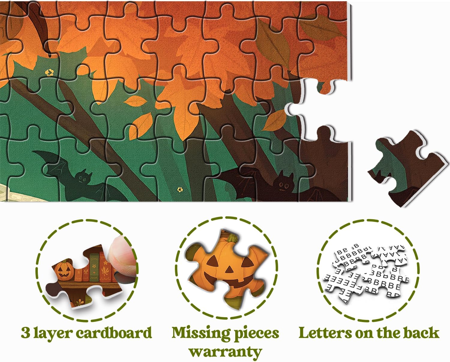 Halloween Puzzles for Adults 1000 Pieces, Cute Witch Ghost Jigsaw Puzzles, Vintage Autumn Bookshelf with Pumpkins and Candles image 5
