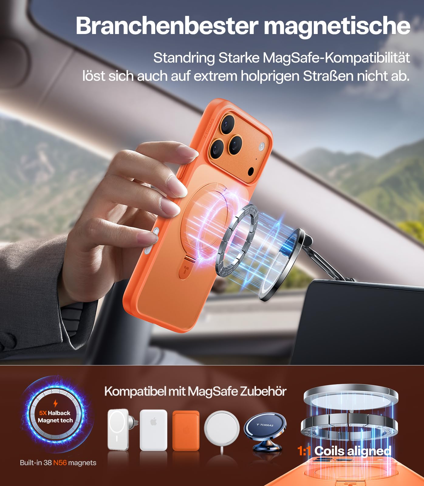 TORRAS Ostand Q1 für iPhone 17 Pro Hülle mit MagSafe und Ständer, Orange | Flache Haptik, Case & Handyhülle für iPhone 17 Pro mit 19 N Magnetkraft, drehbarem Ständer und Militärstandard-Fallschutz