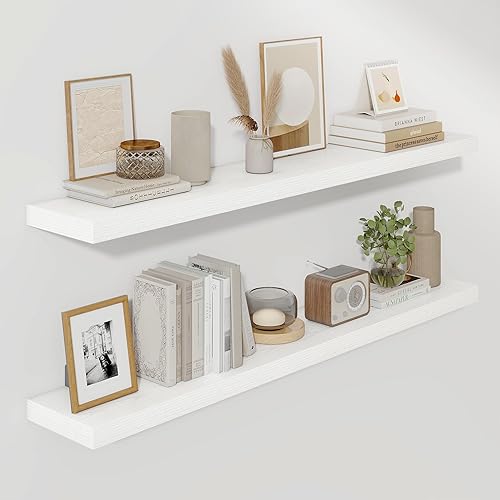 Miniatura 17 de Fun Memories Estantes flotantes de 16 pulgadas – Estantes de pared de madera de color blanco rústico profundo – Estante de almacenamiento para pared