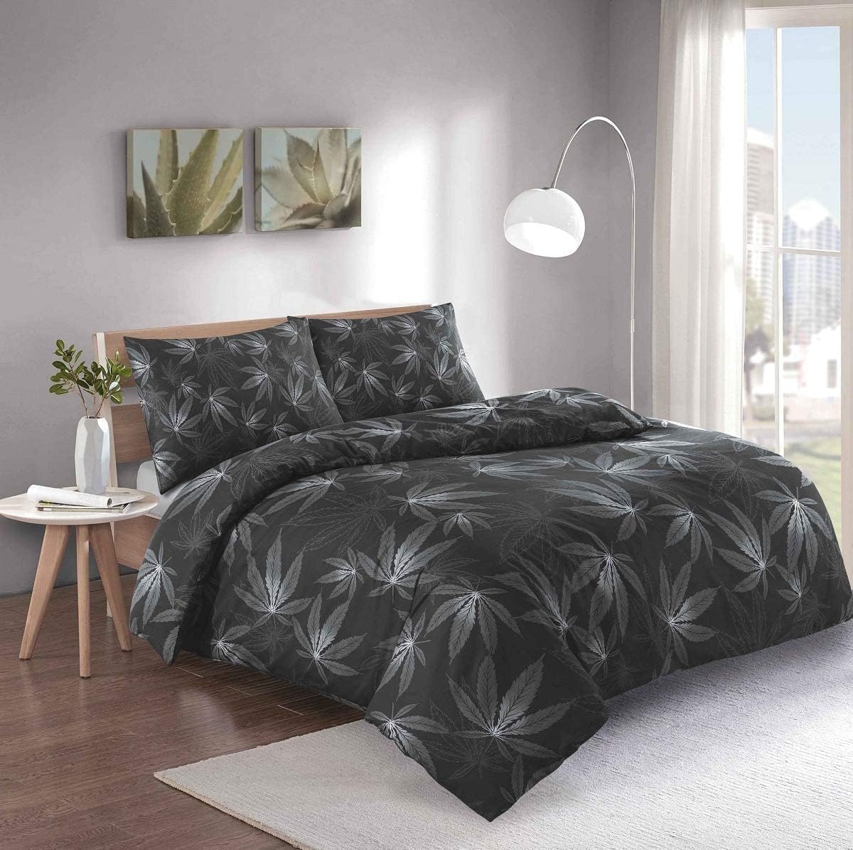 Homes-Linen Black/Grey Leaf Floral Cannabis Marijuana Duvet Cover Set – Reversible Weed Print Quilt Cover Bedding Set (, Single)
