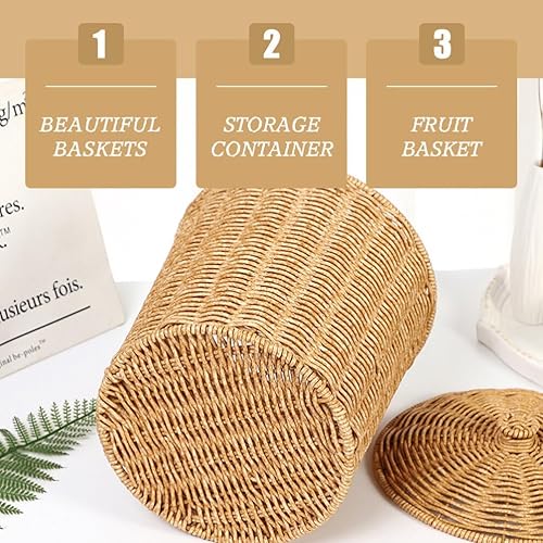 Miniatura 8 de SEWACC Cesta de basura tejida de ratán con tapa, cesta redonda tejida para lavandería, cesta de basura bohemia, contenedor de ropa de plástico para