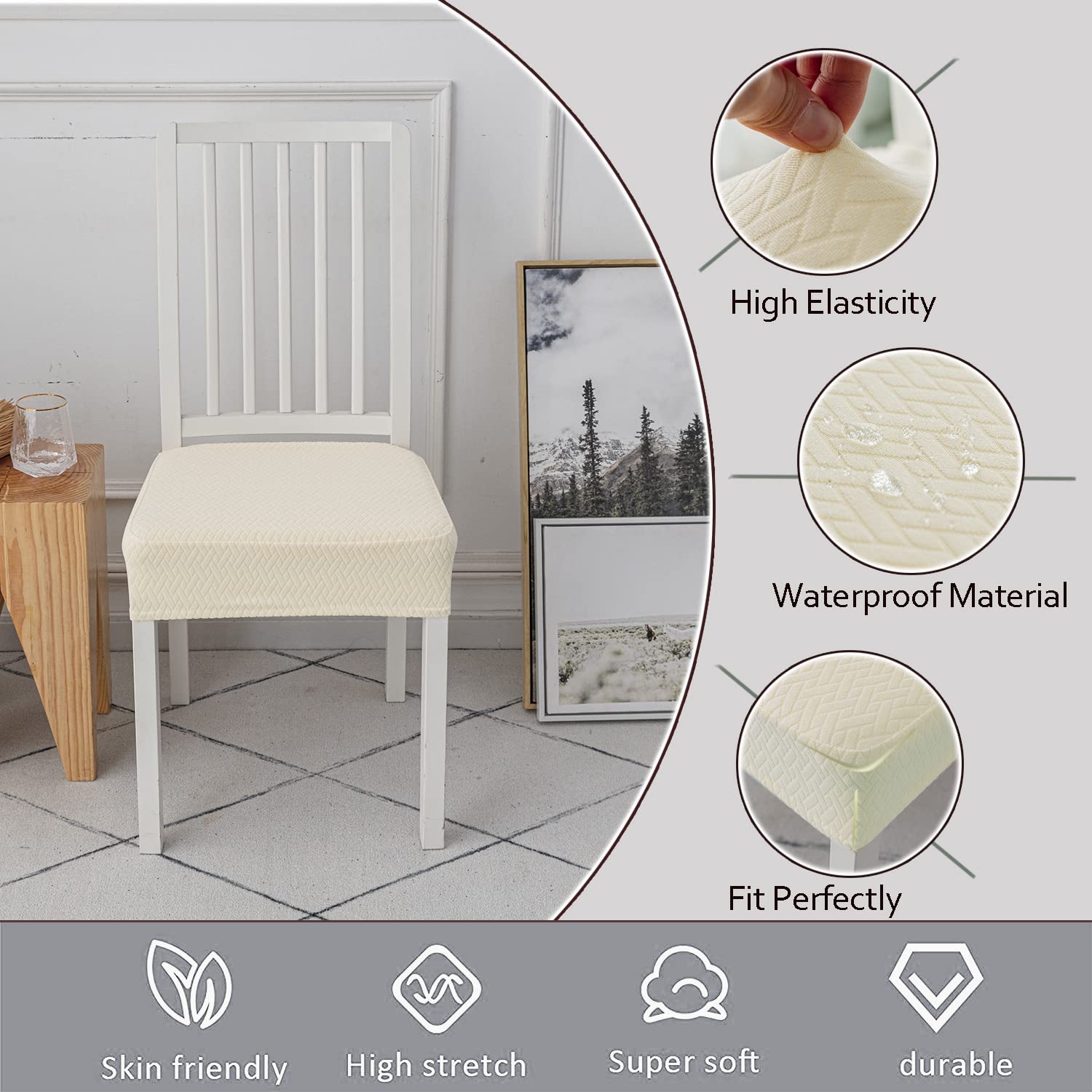 Stretch Treillis Jacquard Housses de Siège de Chaise Imperméables pour Salle à Manger 6 Pcs Beige
