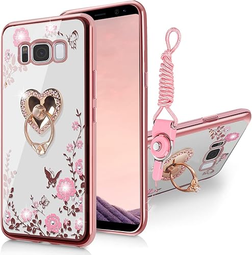 B-wishy Funda protectora de silicona TPU suave con soporte de anillo para Galaxy S8 Plus oro rosa