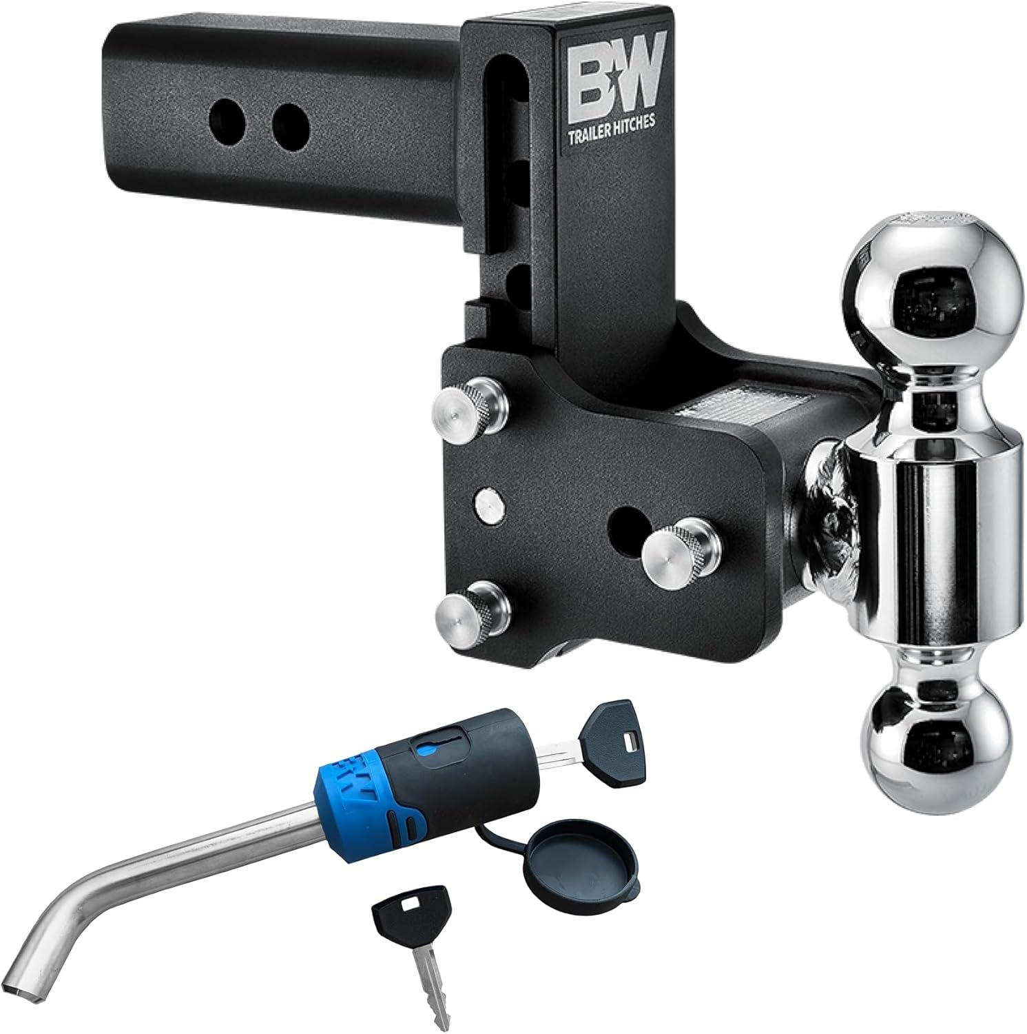 B&W Trailer Hitches Tow & Stow Adjustable Trailer Hitch Ball Mount with Receiver Lock - Fits 2.5" Receiver, Dual Ball (2" x 2-5/16"), 5" Drop, 18,000 LB GTW - TS20037B and TS51230