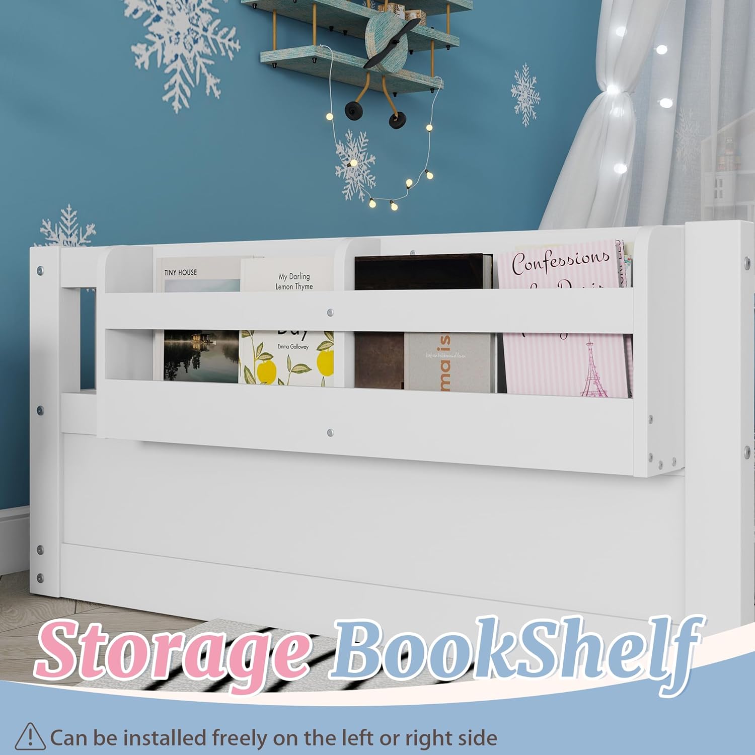 Twin Montessori Floor Bed with High Rails, Wooden Twin Size Bed Frame Kids with LED Lights & Storage Shelf, Montessori Beds Frames for Kids, Girls, Boys, White