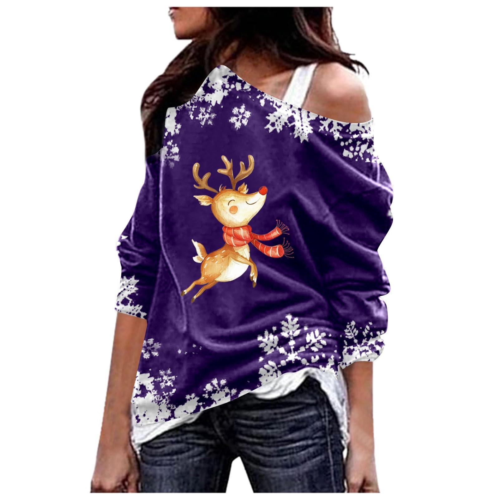Christmas Sweatshirts For Women Reindeer Off Shoulder Ugly Christmas Sweater Vintage Cute Su ter Navide o Mujer