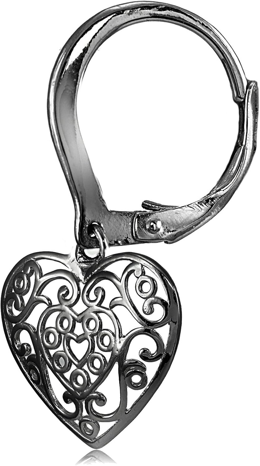 Black Flashed Sterling Silver High Polished Filigree Heart Dangle Leverback Earrings - Image 2