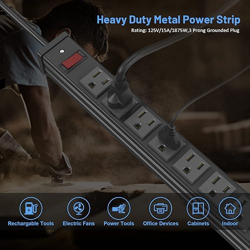 Miniatura 3 de Regleta de alimentación de metal de 24 tomas, extra larga y resistente con cable de extensión de 10 pies, montable para almacéngaraje, certificación