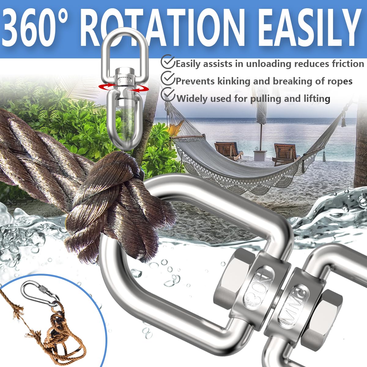 Double Eye Swivel, 304 Stainless Steel Eye to Eye Swivel Ring Dismounting Ring Connector Hardware Double Ended Swivel Hooks Carabiner Swivel Tree Swing Shackle Suspension (M8-2PCS) - Image 4