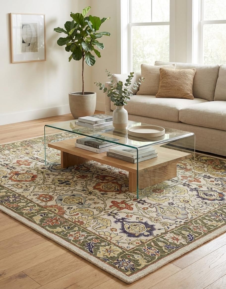 Traditional Hand-Tufted Wool Area Rug – Handmade Floral Oriental Carpet, Multicolor Pattern, Plush Thick Pile for Living Room, Bedroom, Dining Room & Office (Ivory/Green, 5' x 8')