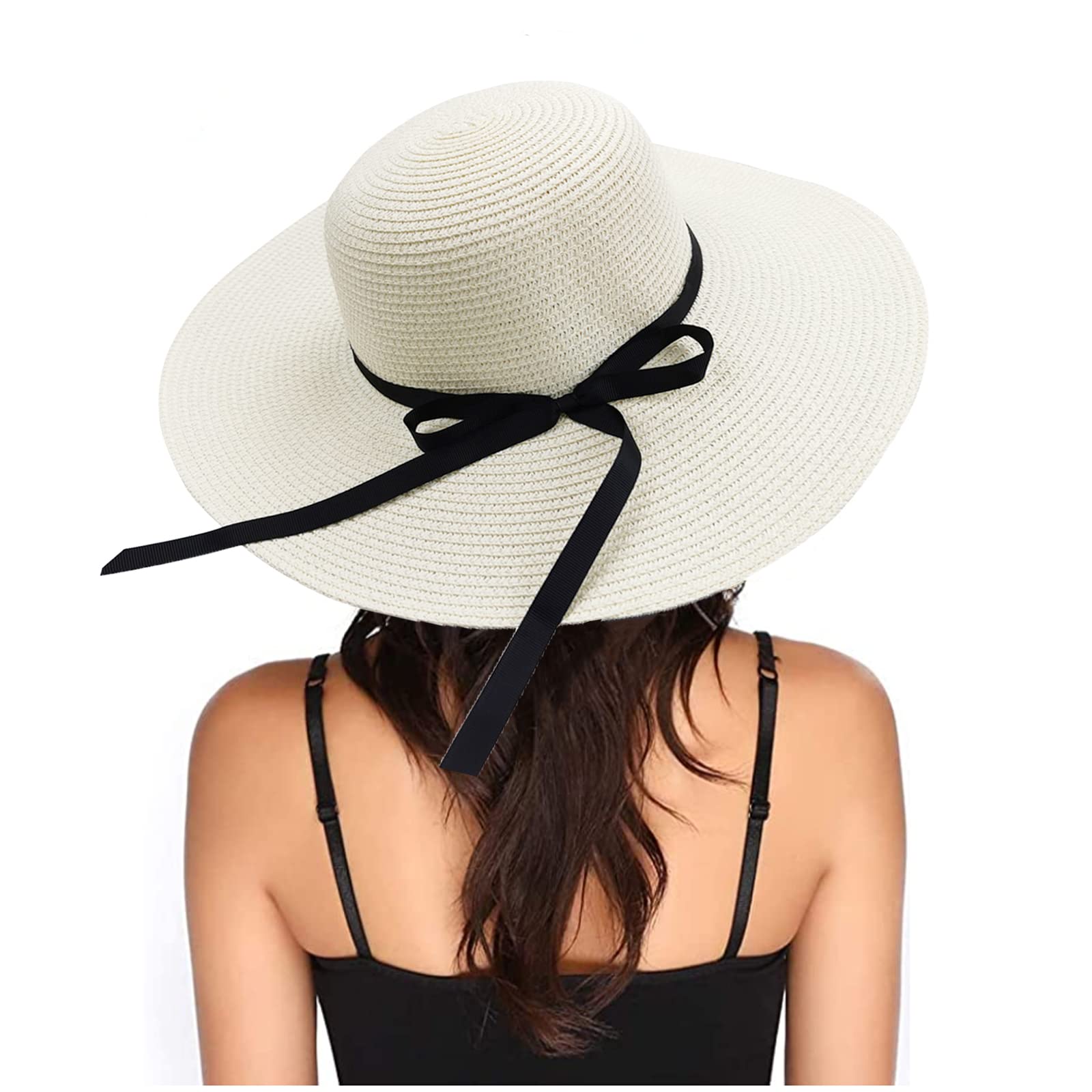 Eight Space Sombrero De Paja para Mujer, Sombrero De Paja De ala Ancha De Verano Plegable Ajustable con Lazo, Sombrero De Playa para Mujer para Playa, Vacaciones, Actividades Al Aire Libre