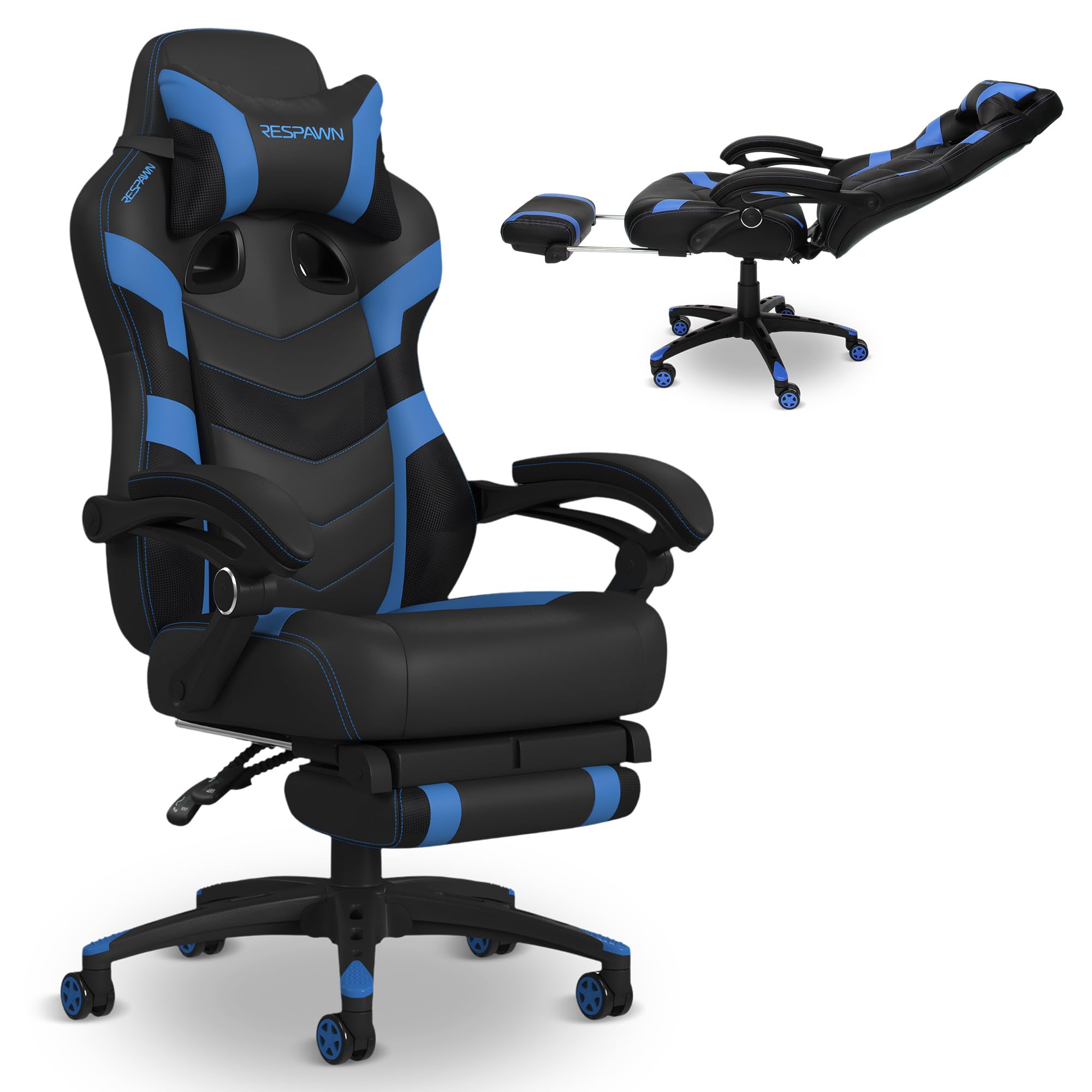 RESPAWN 110 Pro Ergonomic Gaming Chair with Footrest for Adults - Comfortable Office Gaming Recliner with Lumbar Support and Headrest, Racing Style Video Game Chairs for Computer Gamer - Blue