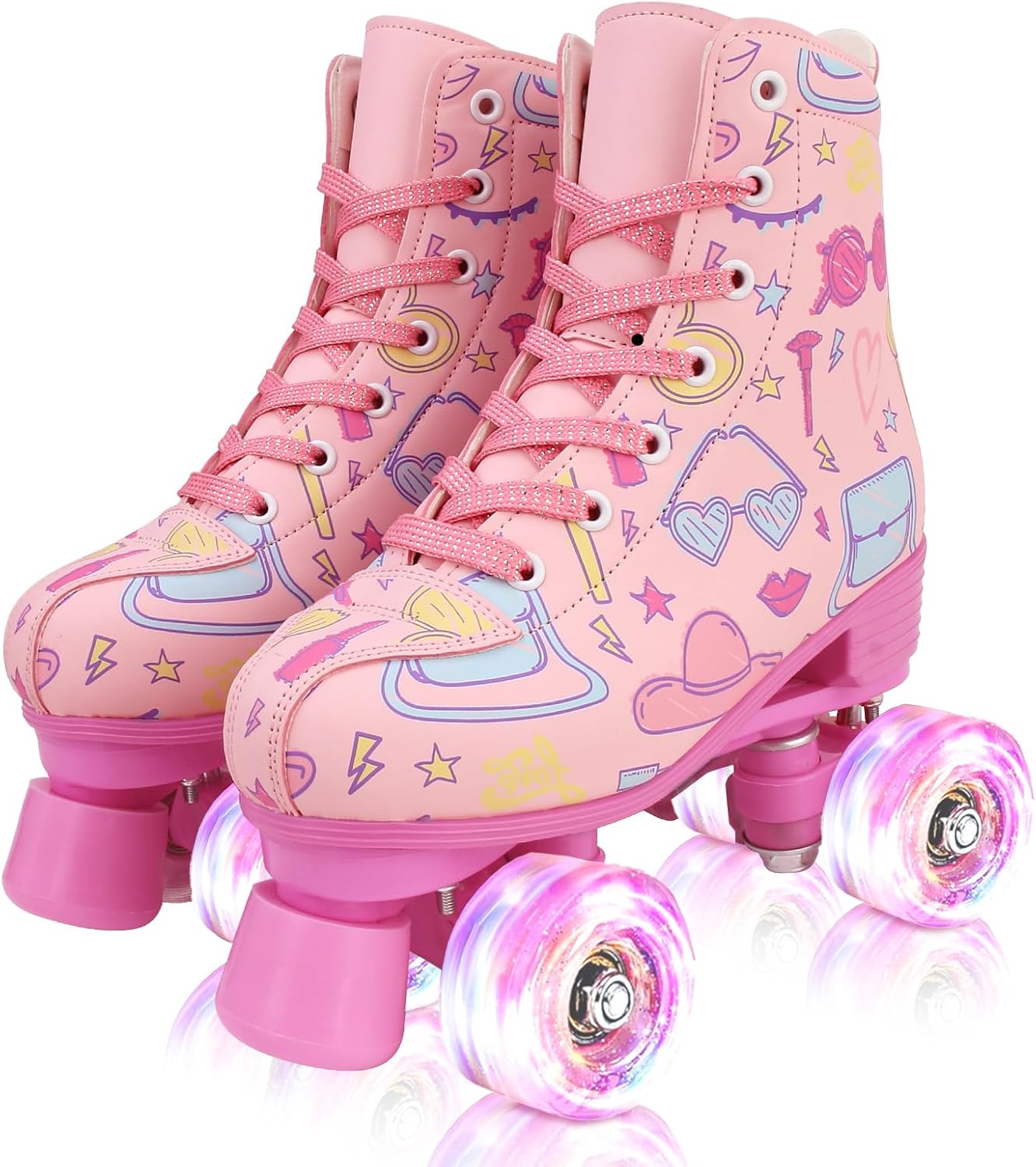 XUDREZ Roller Skates for Girls and Women, Stylish Pattern Pink Roller Skates with Light Up Wheels for Kids Youth Girls Ages 6-12 Indoor Outdoor