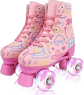 XUDREZ Roller Skates for Girls and Women, Stylish Pattern Pink Roller Skates with Light Up Wheels for Kids Youth Girls Ages 6-12 Indoor Outdoor
