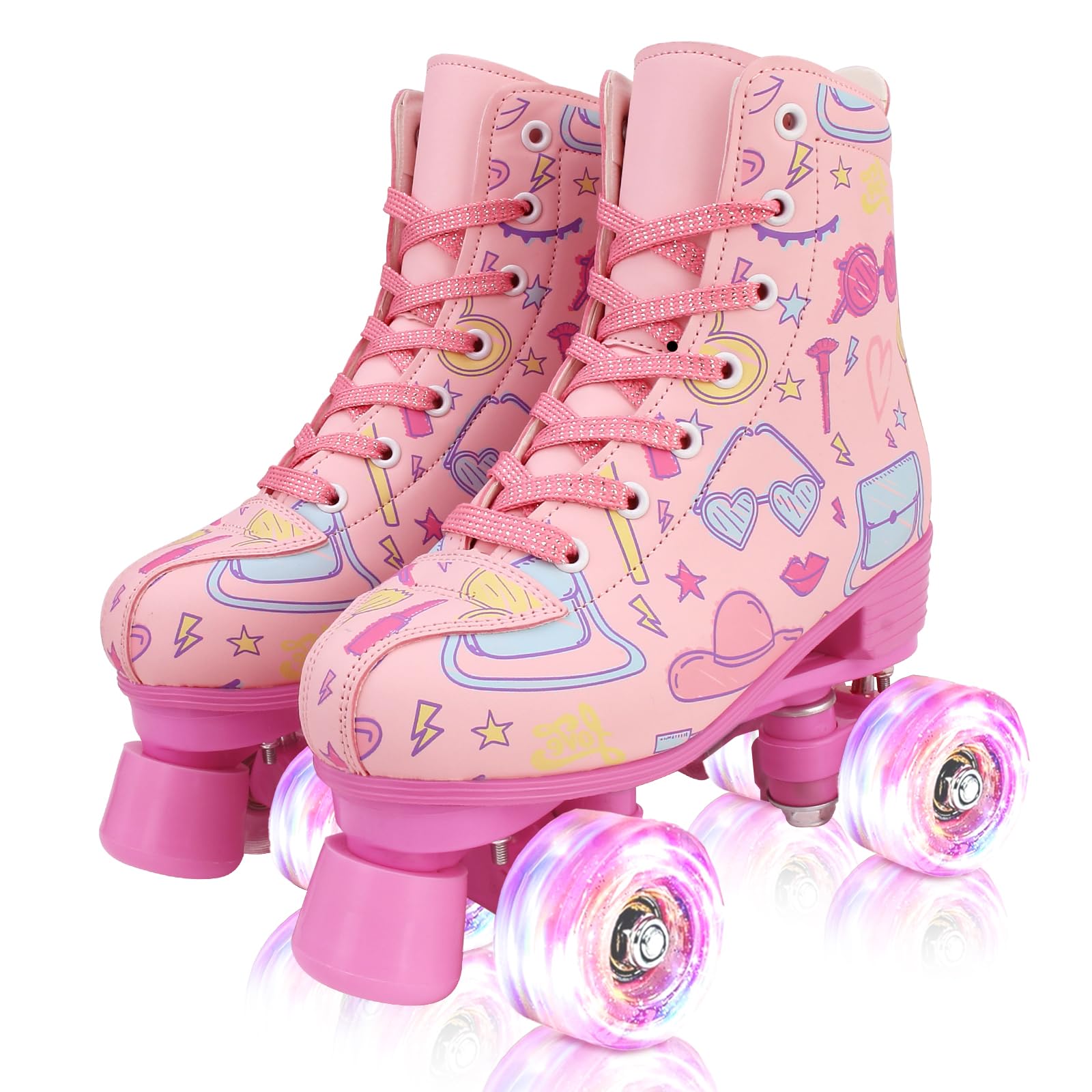 XUDREZ Roller Skates for Girls and Women, Stylish Pattern Pink Roller Skates with Light Up Wheels for Kids Youth Girls Ages 6-12 Indoor Outdoor
