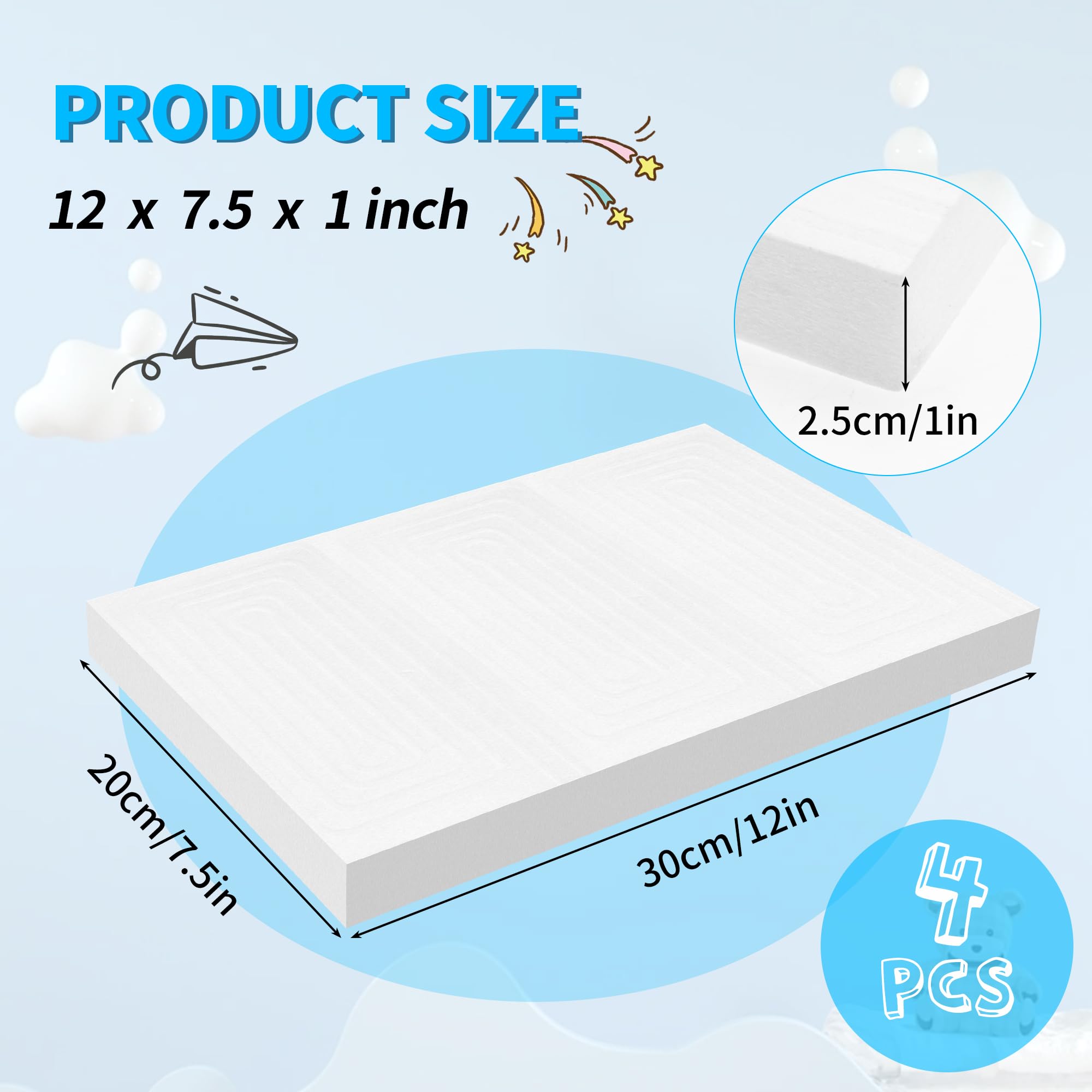 LuckyFoam White 4 Pack 12x7.5x1 inch FR Foam Sheets 1 Inch Thick Polystyrene Rectangles XPS Foam Board Craft for Insulating DIY Modeling Art Supplies