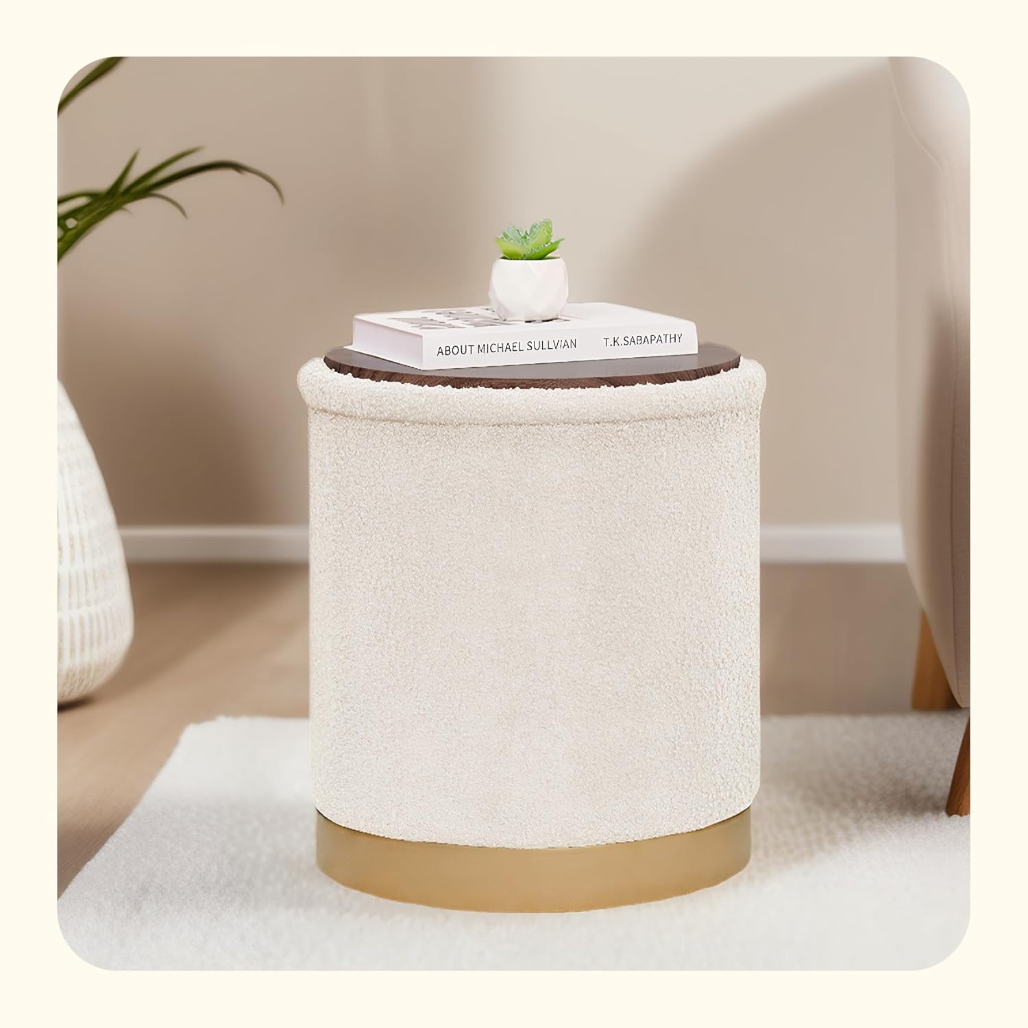 PINPLUS Round White Boucle Storage Ottoman, 14.7"x14.7"x16.3" – Soft Teddy Footstool with Hidden Storage for Bedroom & Apartment, 220 LBS Capacity - Image 2