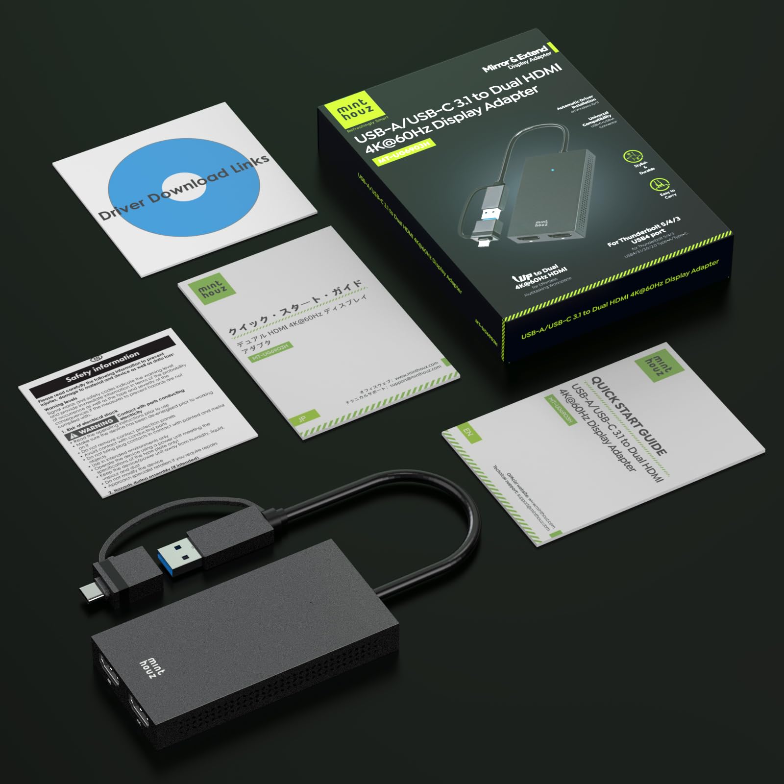 Minthouz USB 3.1/USB C auf Dual HDMI Adapter, DisplayLink Dual 4K@60Hz HDMI Splitter 2 Monitore Gleichzeitig für Dell HP Surface Lenovo, Unterstützt Windows and M1/M2/M3/M4 MacBook