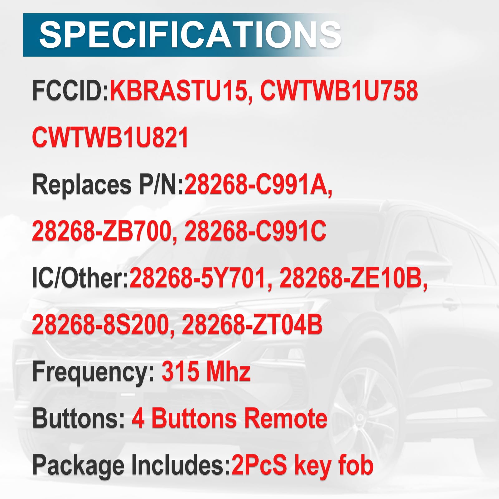 Keyless Entry - Telecomando per auto con telecomando compatibile con Nissan Altima Armada Maxima 350Z Quest Sentra Infiniti EX35/FX35/FX45/G35/G35/I35/QX56 KBRASTU15, confezione da 2